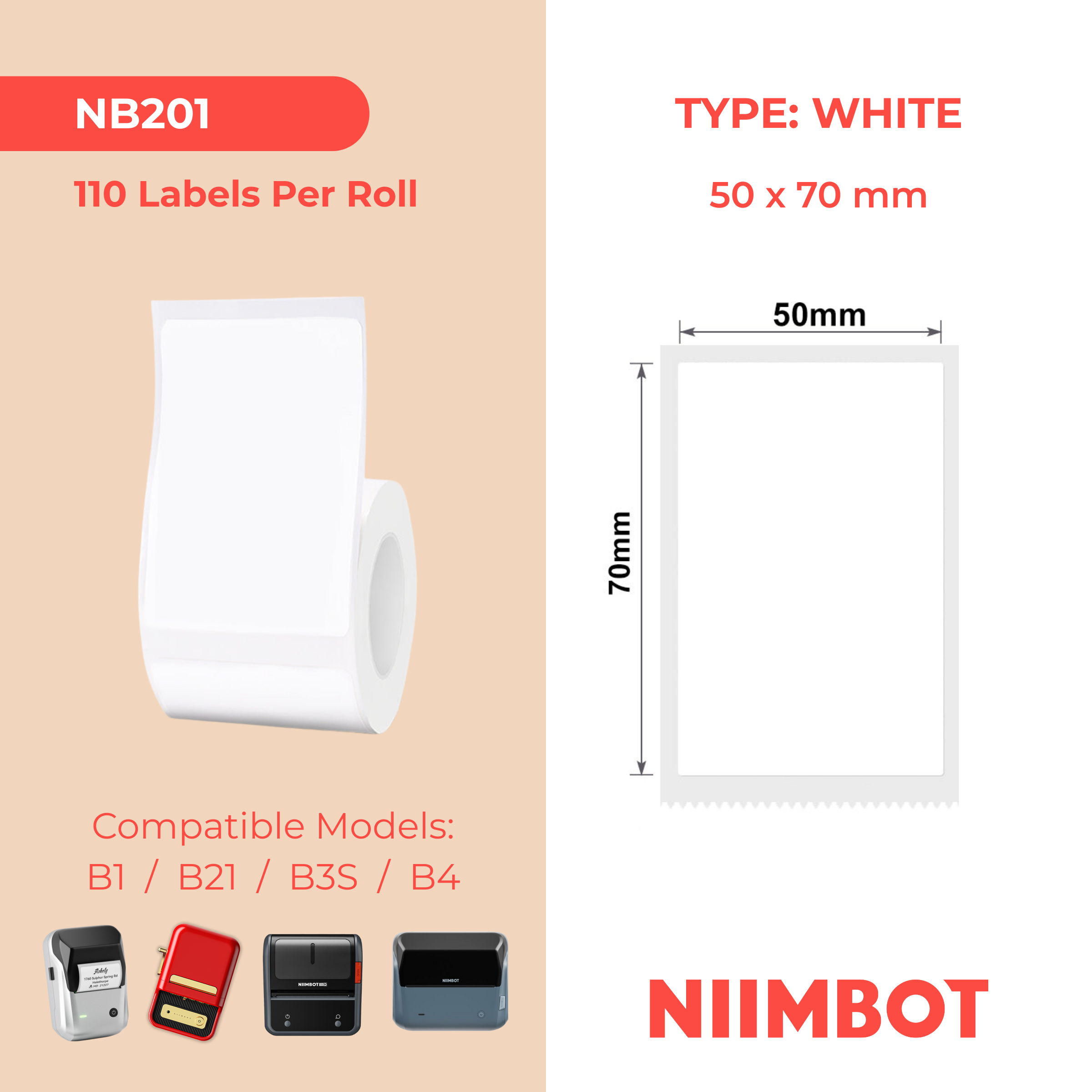 NB201 - NIIMBOT - B1 / B21 / B3S / B4 - 50X70MM - 110 WHITE LABELS