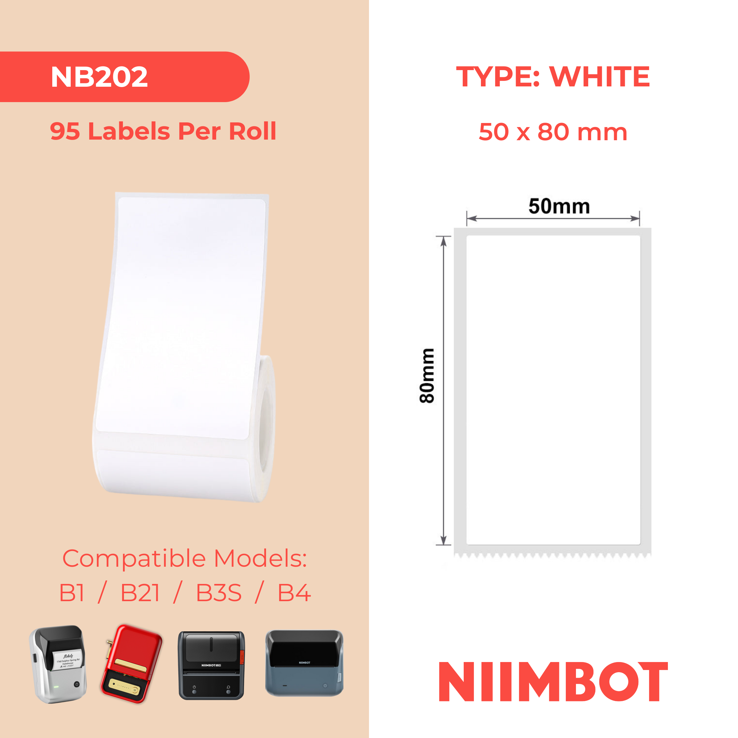 NB202 - NIIMBOT - B1 / B21 / B3S / B4 - 50X80MM - 95 WHITE LABELS