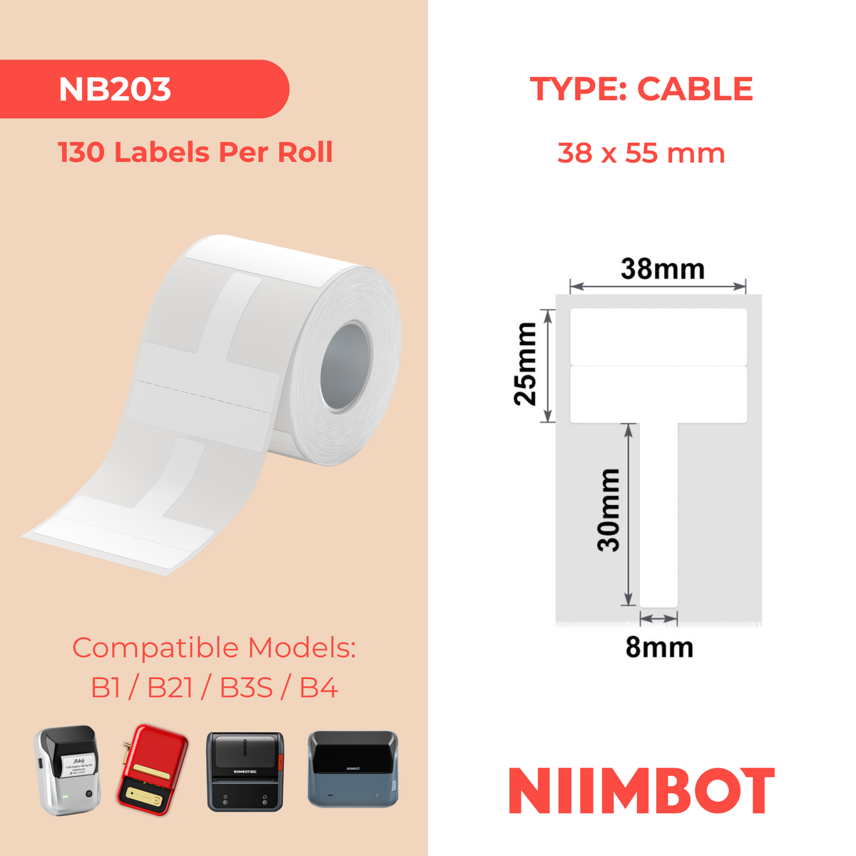 NIIMBOT - B Range - 38x55mm - White Cable - 130 Labels