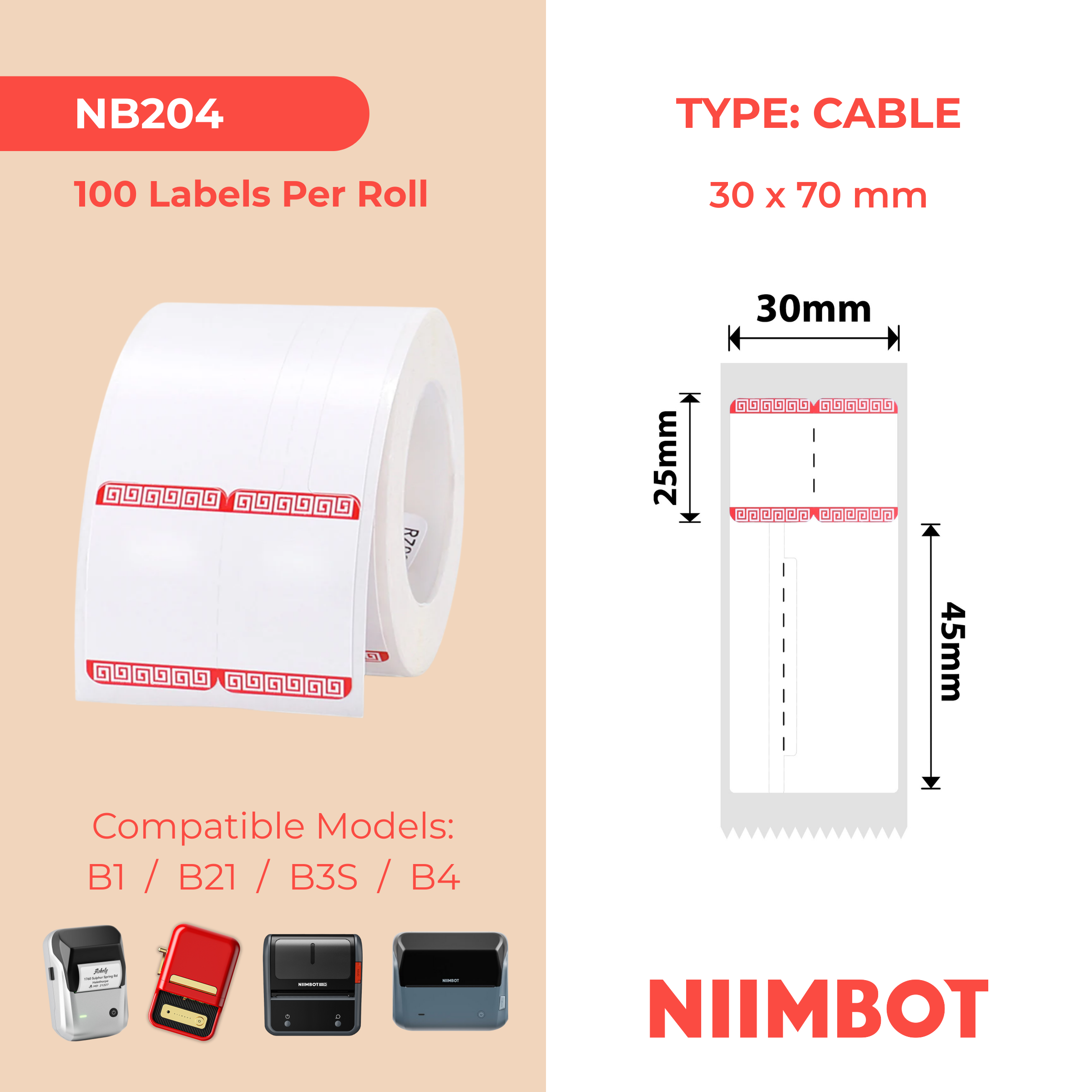 NB204 - NIIMBOT - B1 / B21 / B3S / B4 - 30X70MM - 100 RED BORDER RING JEWELLERY LABELS