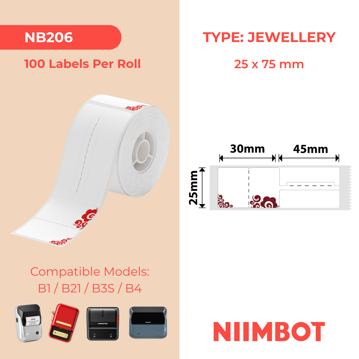 NIIMBOT - B Range - 25x75mm - Red Cloud Jewellery - 100 Labels
