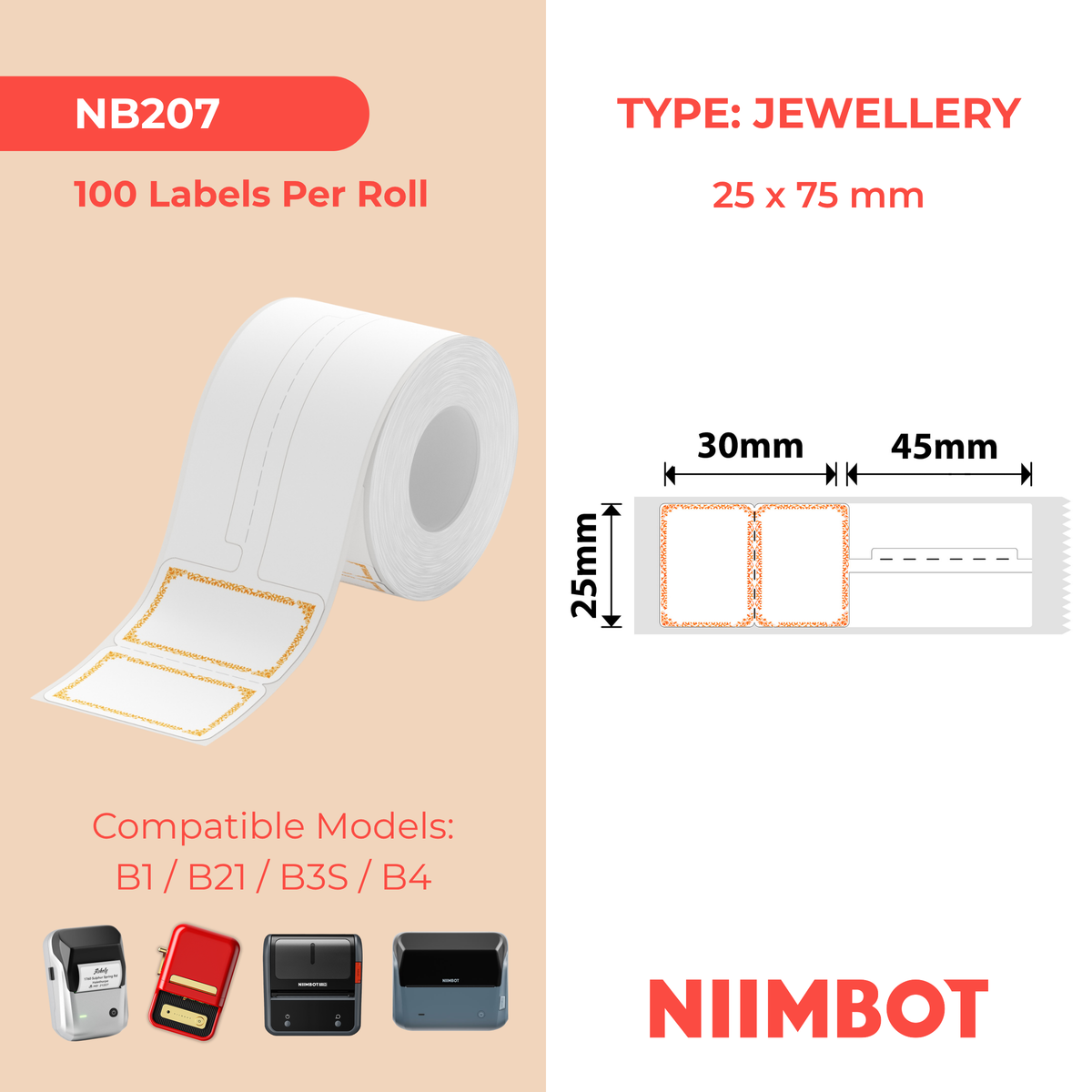 NIIMBOT - B Range - 25x75mm - Orange Border Jewellery - 100 Labels