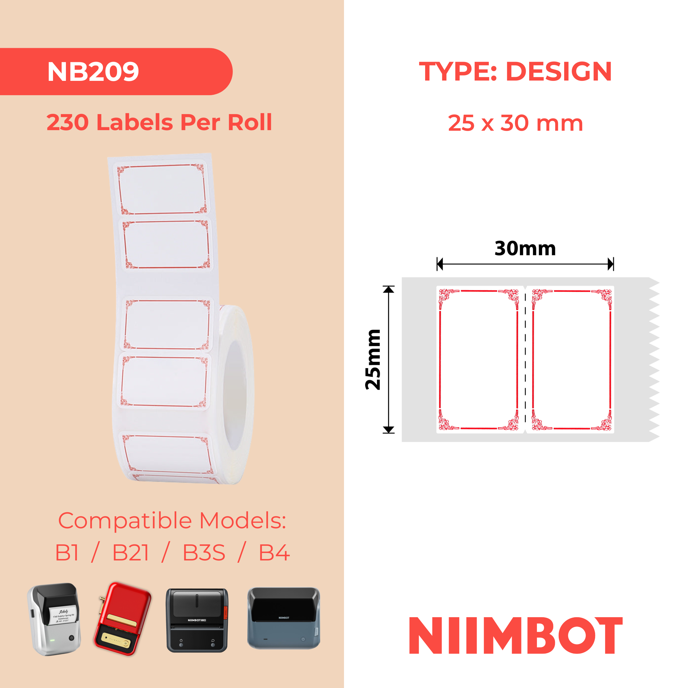 NB209 - NIIMBOT - B1 / B21 / B3S / B4 - 25X30MM - 230 ELEGANT RED LABELS