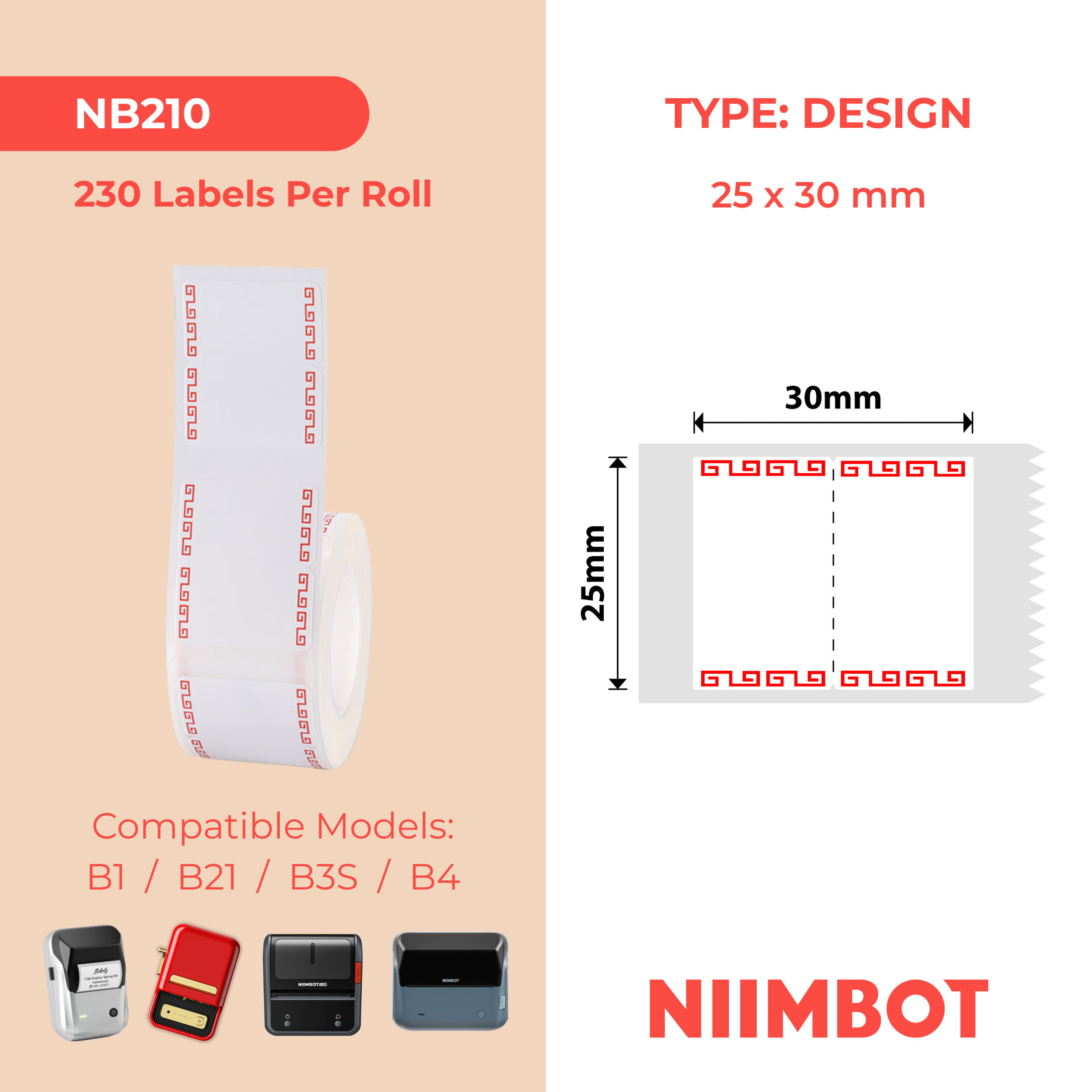 NB210 - NIIMBOT - B1 / B21 / B3S / B4 - 25X30MM - 230 AZALEA RED LABELS