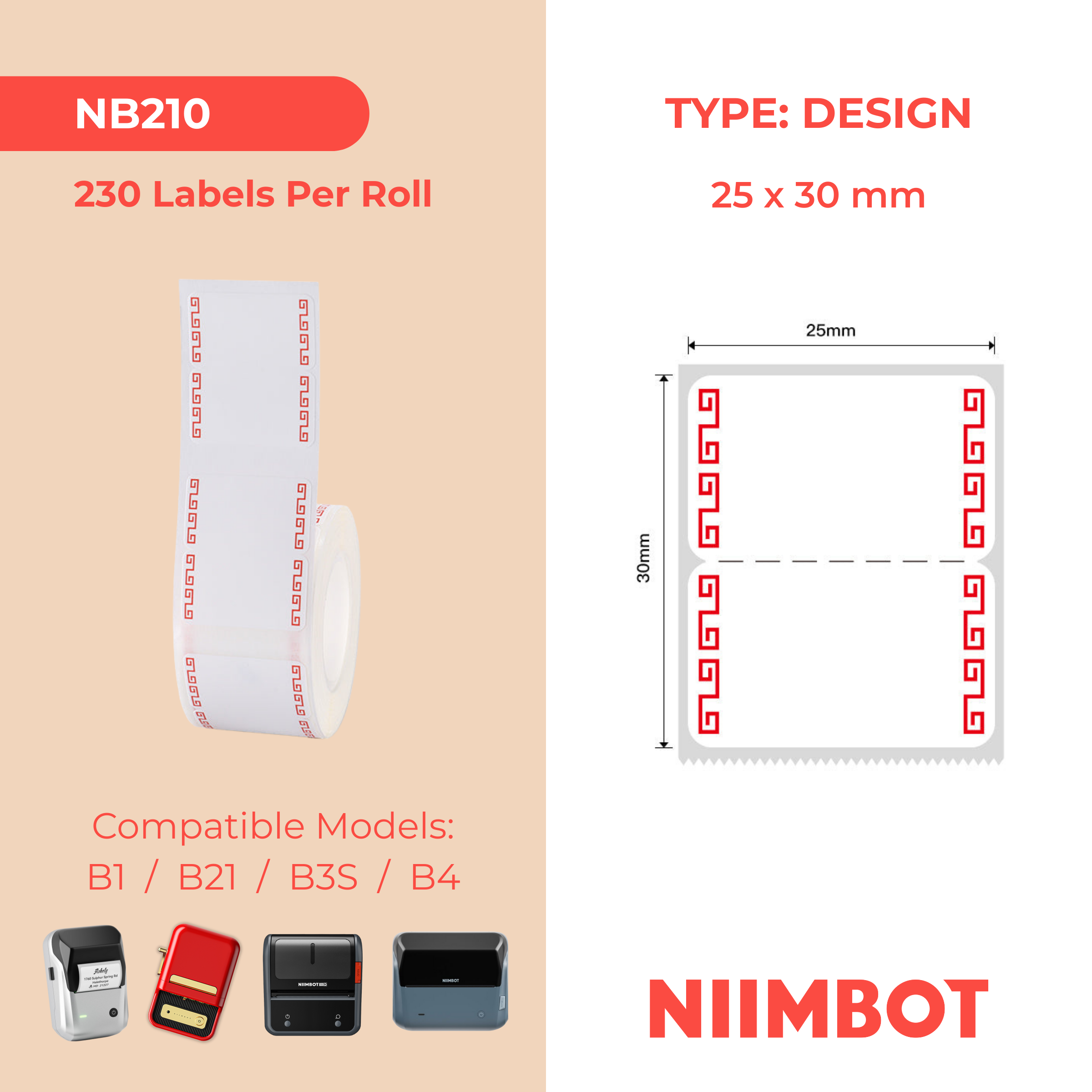 NB210 - NIIMBOT - B1 / B21 / B3S / B4 - 25X30MM - 230 DEEP RED LABELS