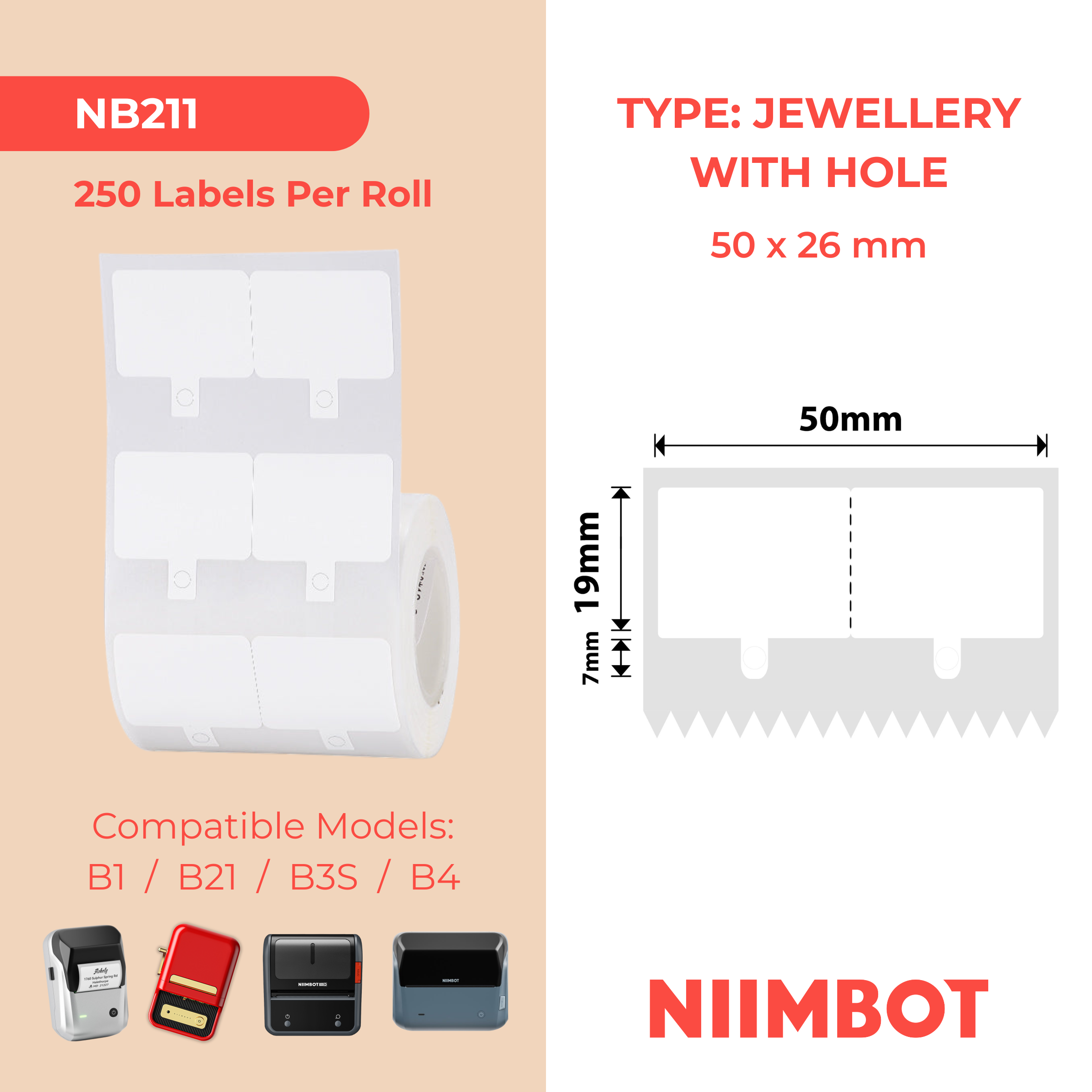 NB211 - NIIMBOT - B1 / B21 / B3S / B4 - 50X26MM - 250 WHITE JEWELLERY LABELS WITH HOLE