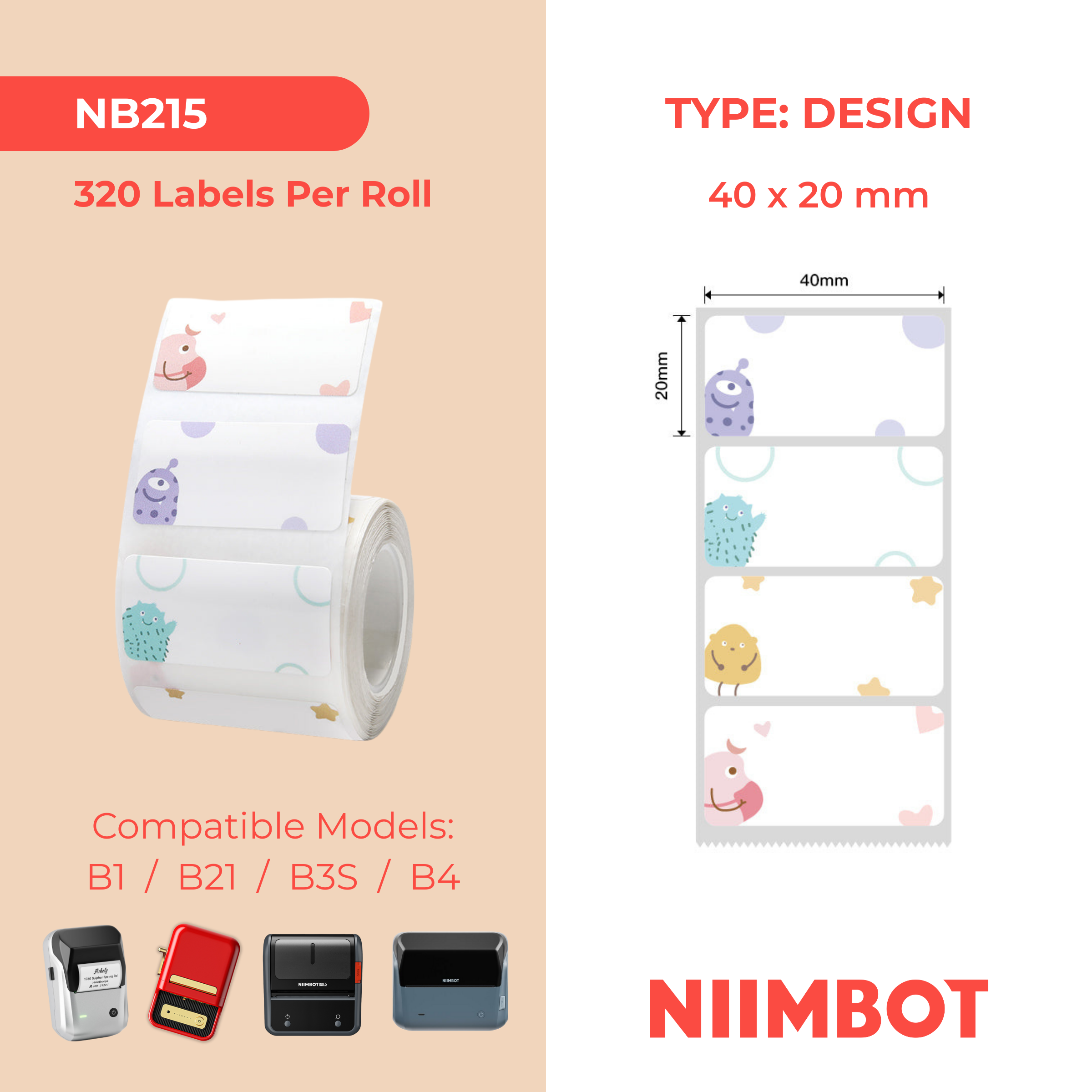 NB215 - NIIMBOT - B1 / B21 / B3S / B4 - 40X20MM - 320 MONSTER LABELS