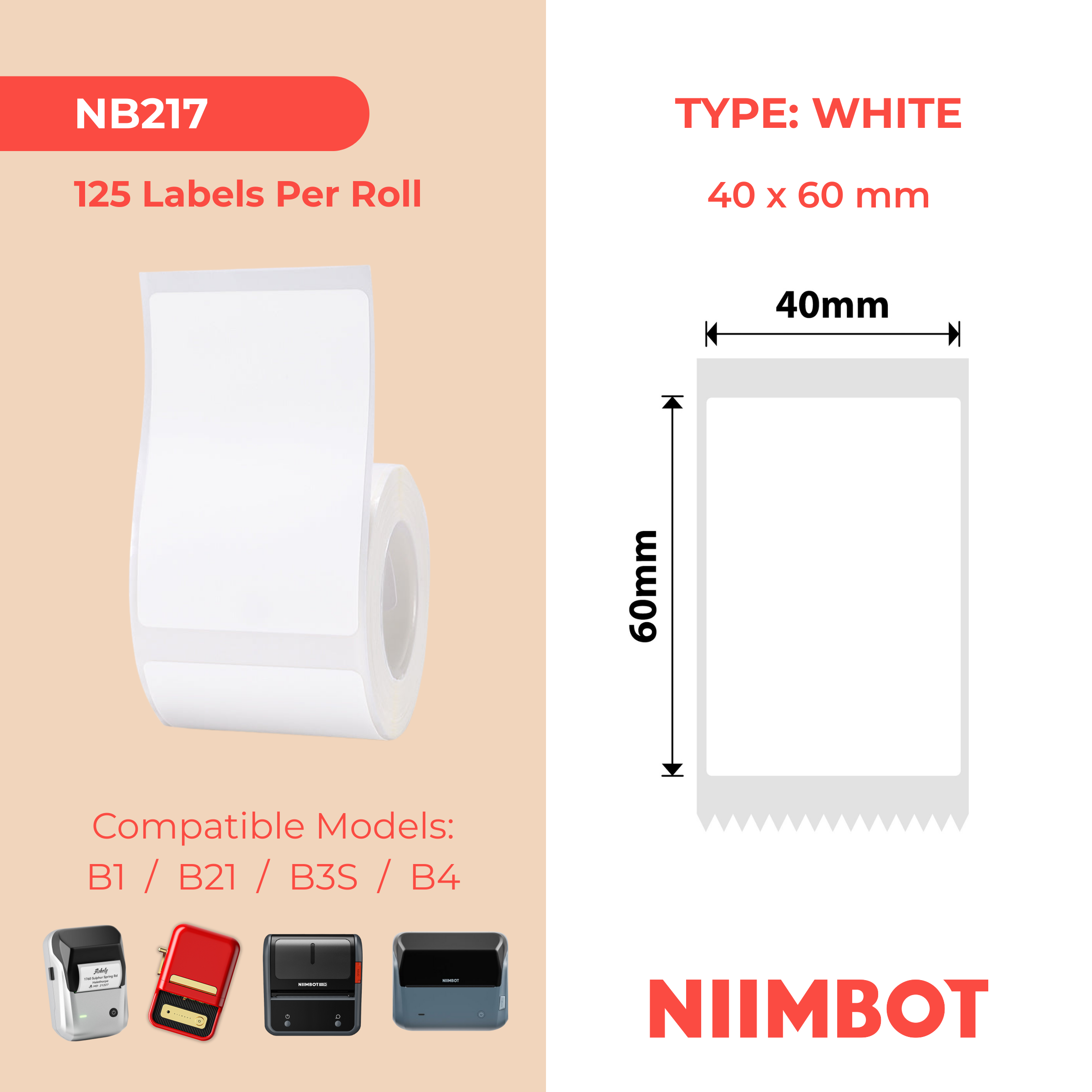 NB217 - NIIMBOT - B1 / B21 / B3S / B4 - 40X60MM - 125 WHITE LABELS (DUPLICATE NB192)