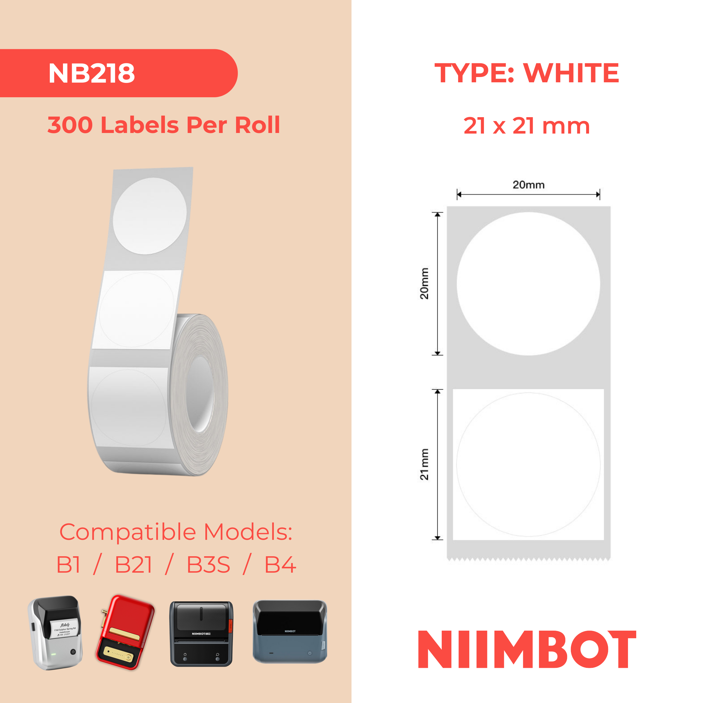 NB218 - NIIMBOT - B1 / B21 / B3S / B4 - 21X21MM - 300 WHITE ROUND LABELS