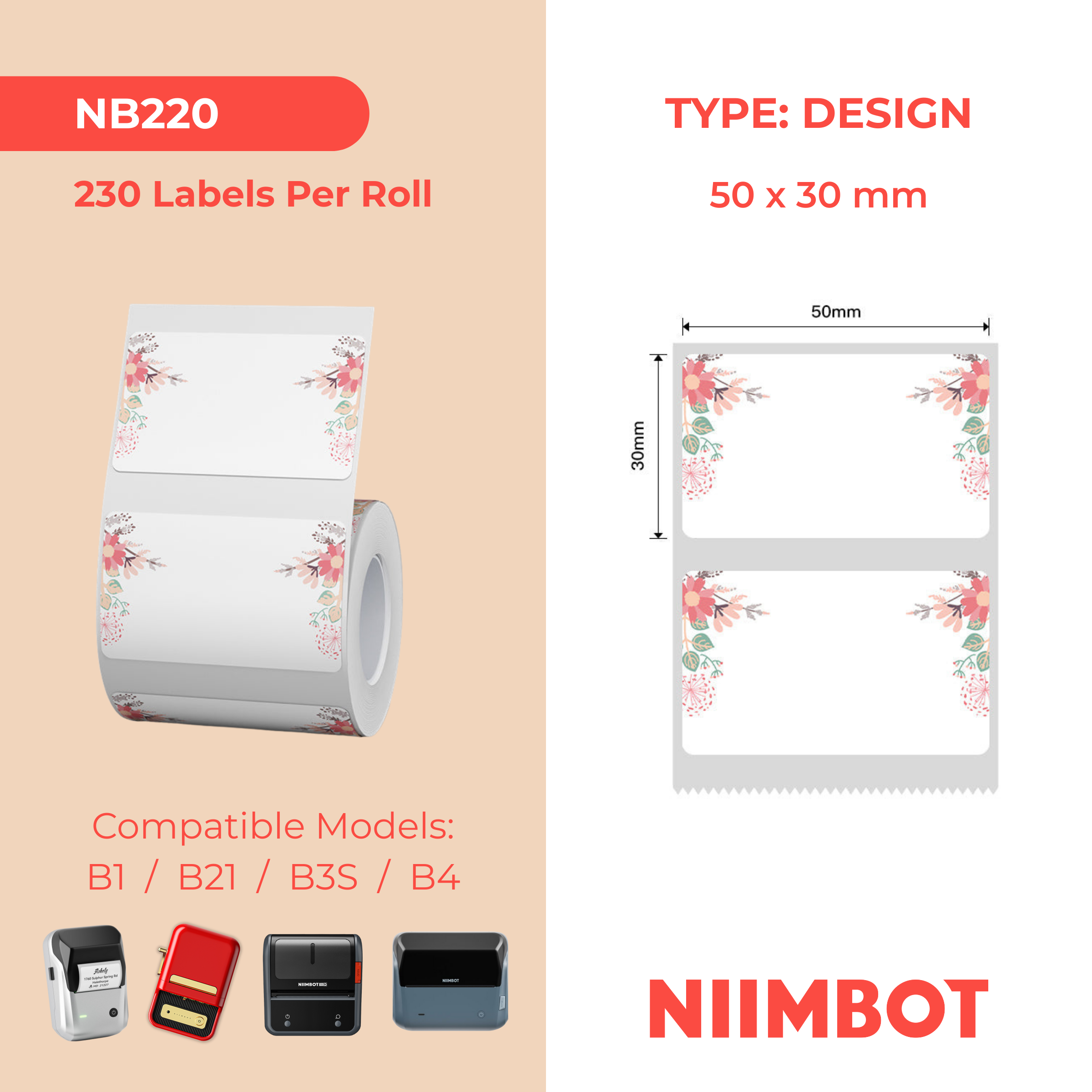 NB220 - NIIMBOT - B1 / B21 / B3S / B4 - 50X30MM - 230 SPRING LABELS