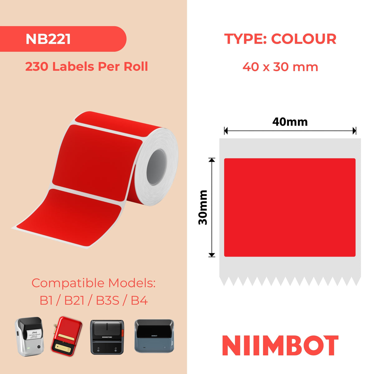 NIIMBOT - B Range - 40x30mm - Red - 230 Labels