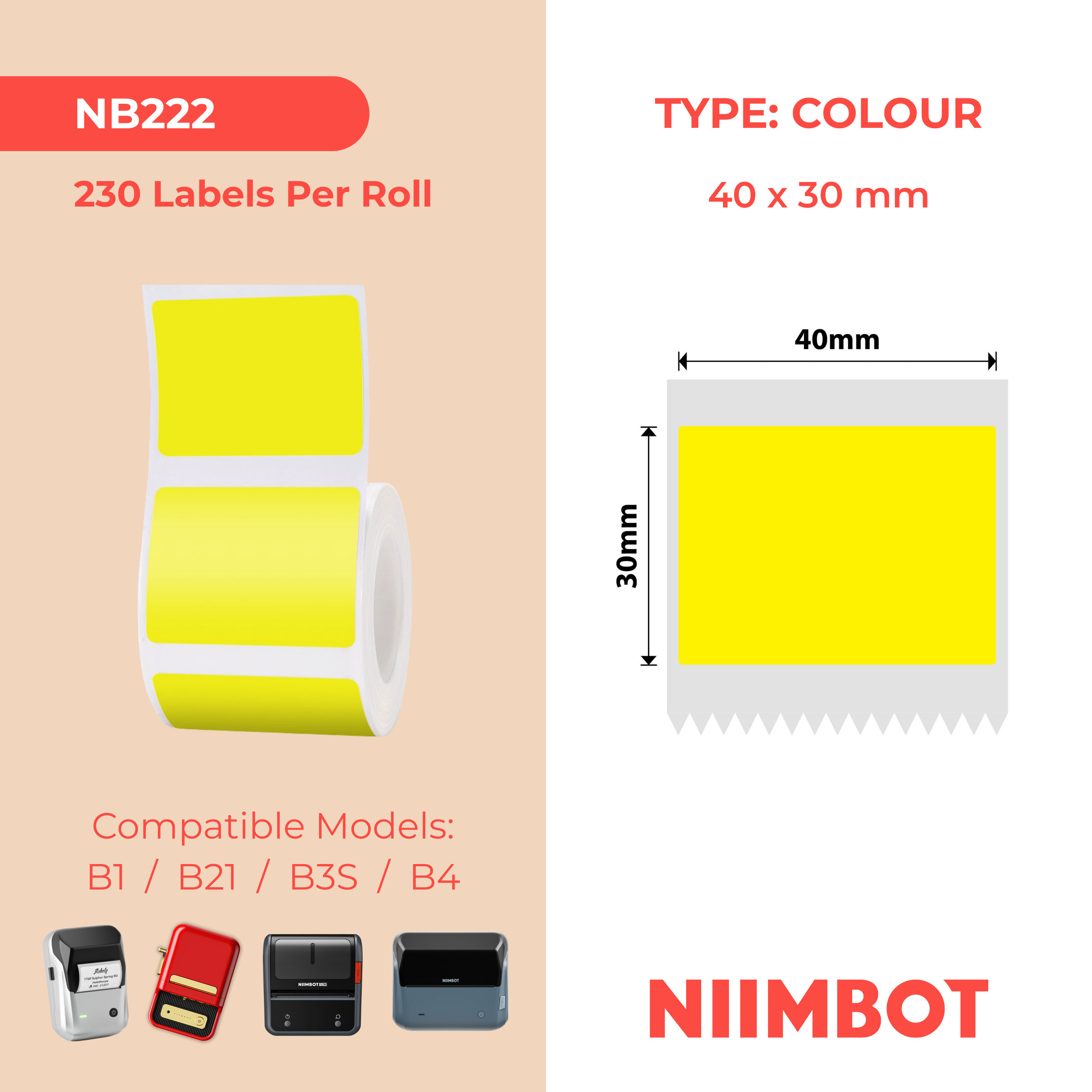NB222 - NIIMBOT - B1 / B21 / B3S / B4 - 30X40MM - 230 YELLOW LABELS