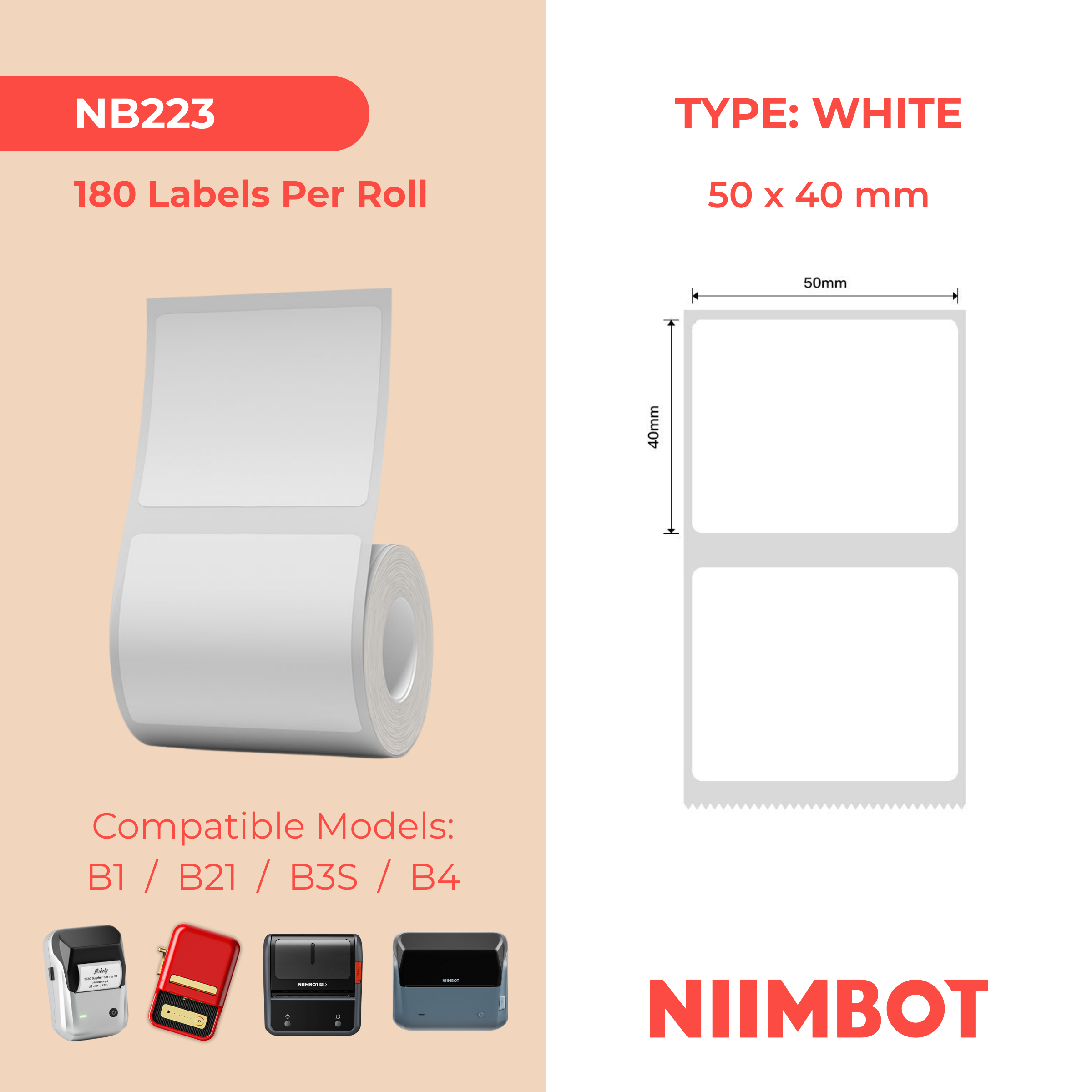 NB223 - NIIMBOT - B1 / B21 / B3S / B4 - 50X40MM - 180 WHITE LABELS