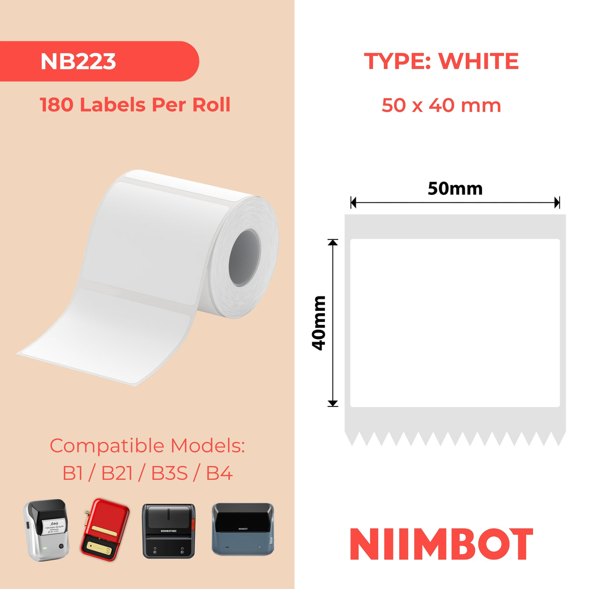 NIIMBOT - B Range - 50x40mm - White - 180 Labels