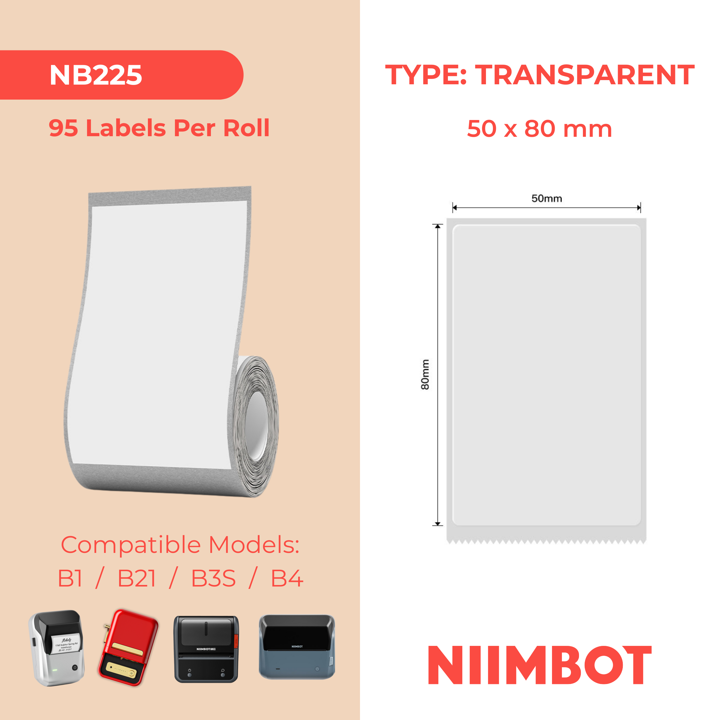 NB225 - NIIMBOT - B1 / B21 / B3S / B4 - 50X80MM - 95 TRANSPARENT LABELS
