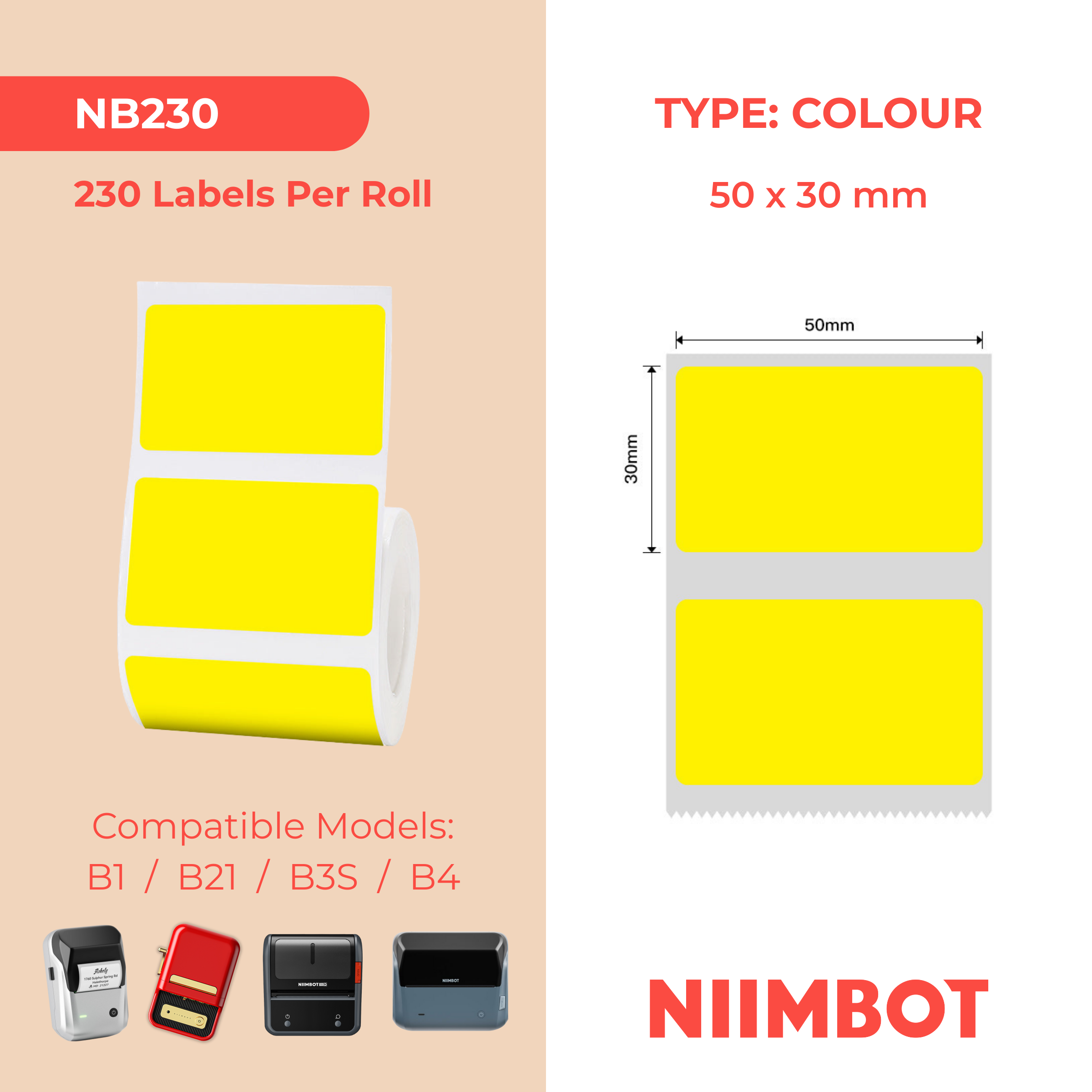 NB230 - NIIMBOT - B1 / B21 / B3S / B4 - 50X30MM - 230 YELLOW THERMAL LABELS