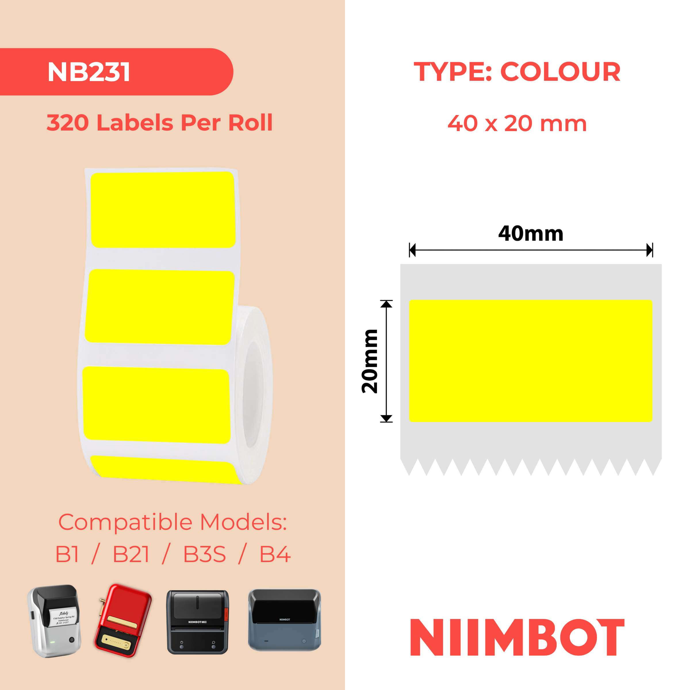 NB231 - NIIMBOT - B1 / B21 / B3S / B4 - 40X20MM - 320 YELLOW THERMAL LABELS