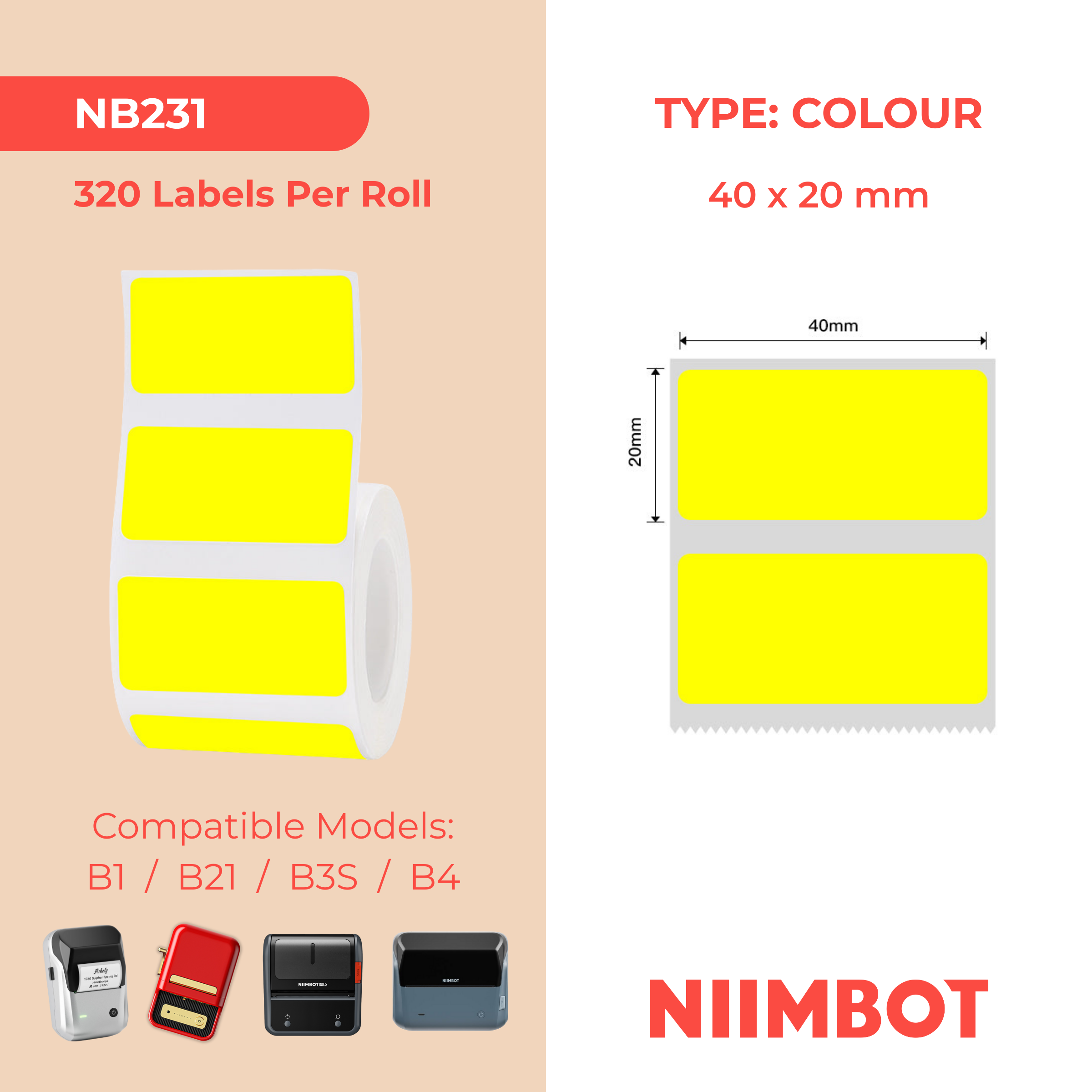 NB231 - NIIMBOT - B1 / B21 / B3S / B4 - 40X20MM - 320 YELLOW THERMAL LABELS
