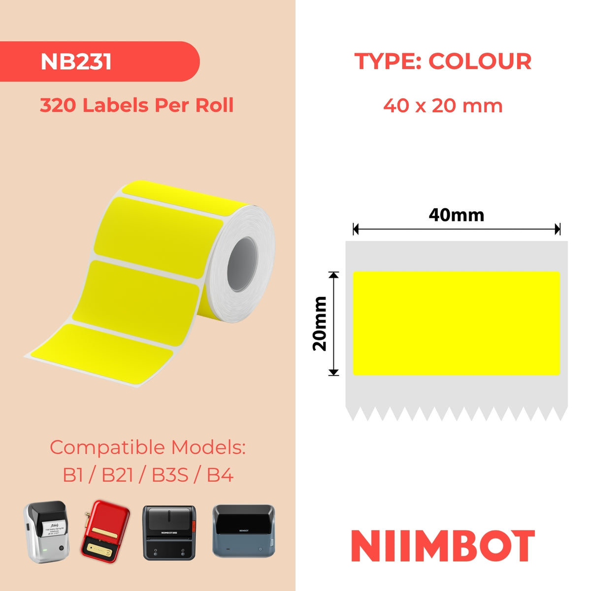 NIIMBOT - B Range - 40x20mm - Yellow - 320 Labels