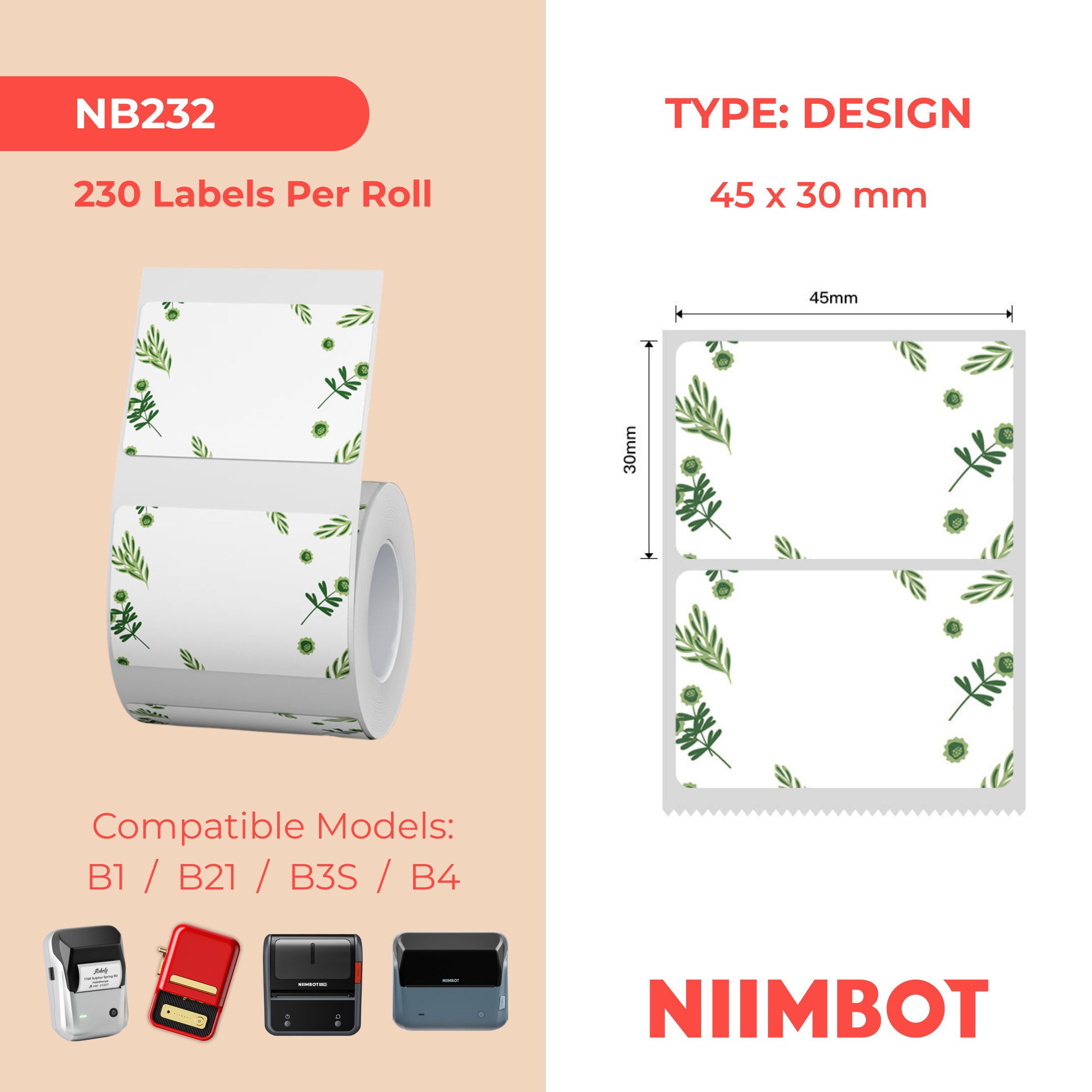 NB232 - NIIMBOT - B1 / B21 / B3S / B4 - 45X30MM - 230 PLANT LABELS