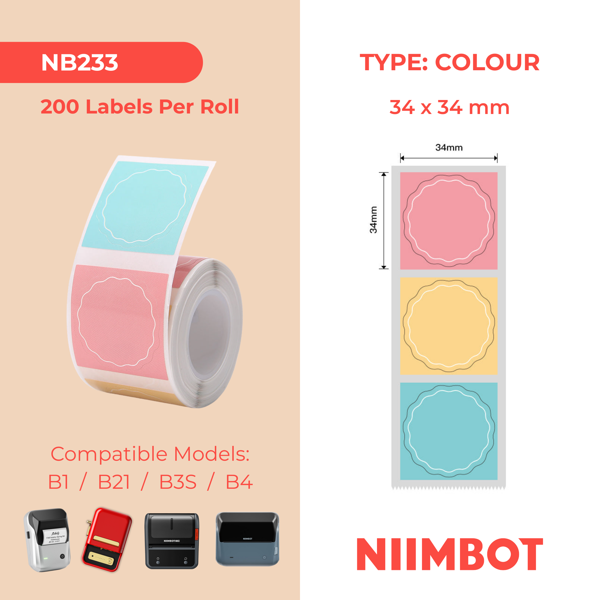 NB233 - NIIMBOT - B1 / B21 / B3S / B4 - 34X34MM - 200 WAVY ROUND PINK, YELLOW & BLUE MIXED LABELS