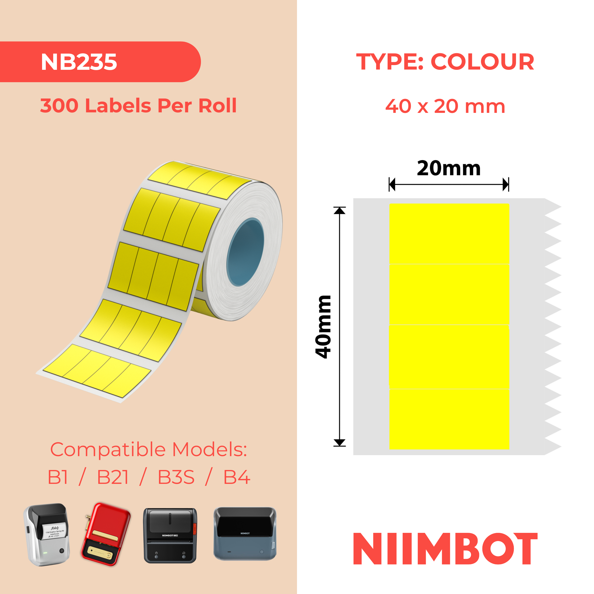 NB235 - NIIMBOT - B1 / B21 / B3S / B4 - 10X20MM/4 - 1,200 YELLOW 4 SPLIT LABELS