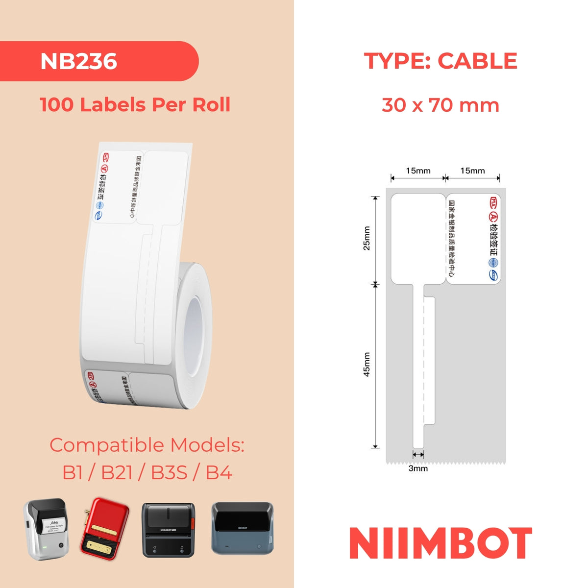 NIIMBOT-Gamme B-30 x 70 mm-Câble chinois-100 étiquettes