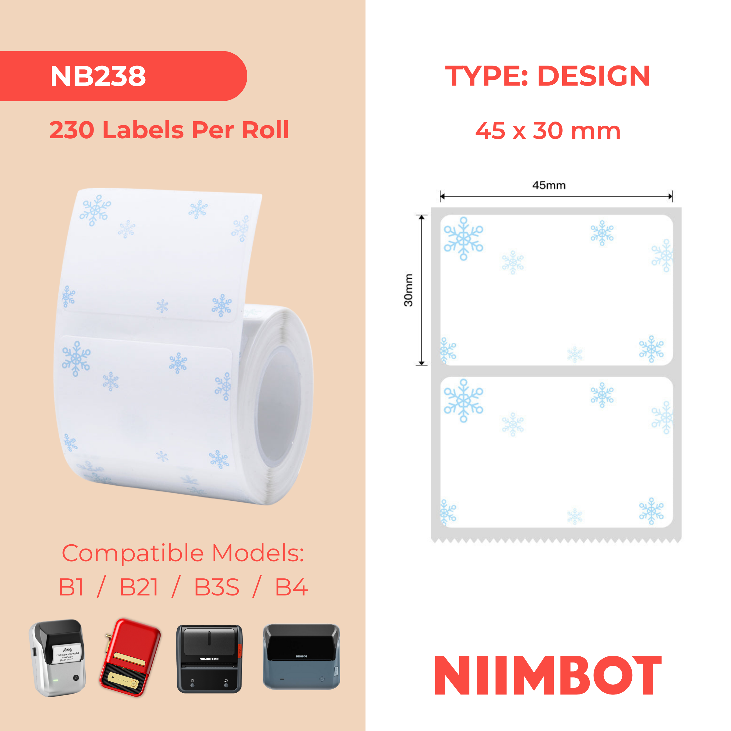 NB238 - NIIMBOT - B1 / B21 / B3S / B4 - 45X30MM - 230 SNOW BLUE LABELS