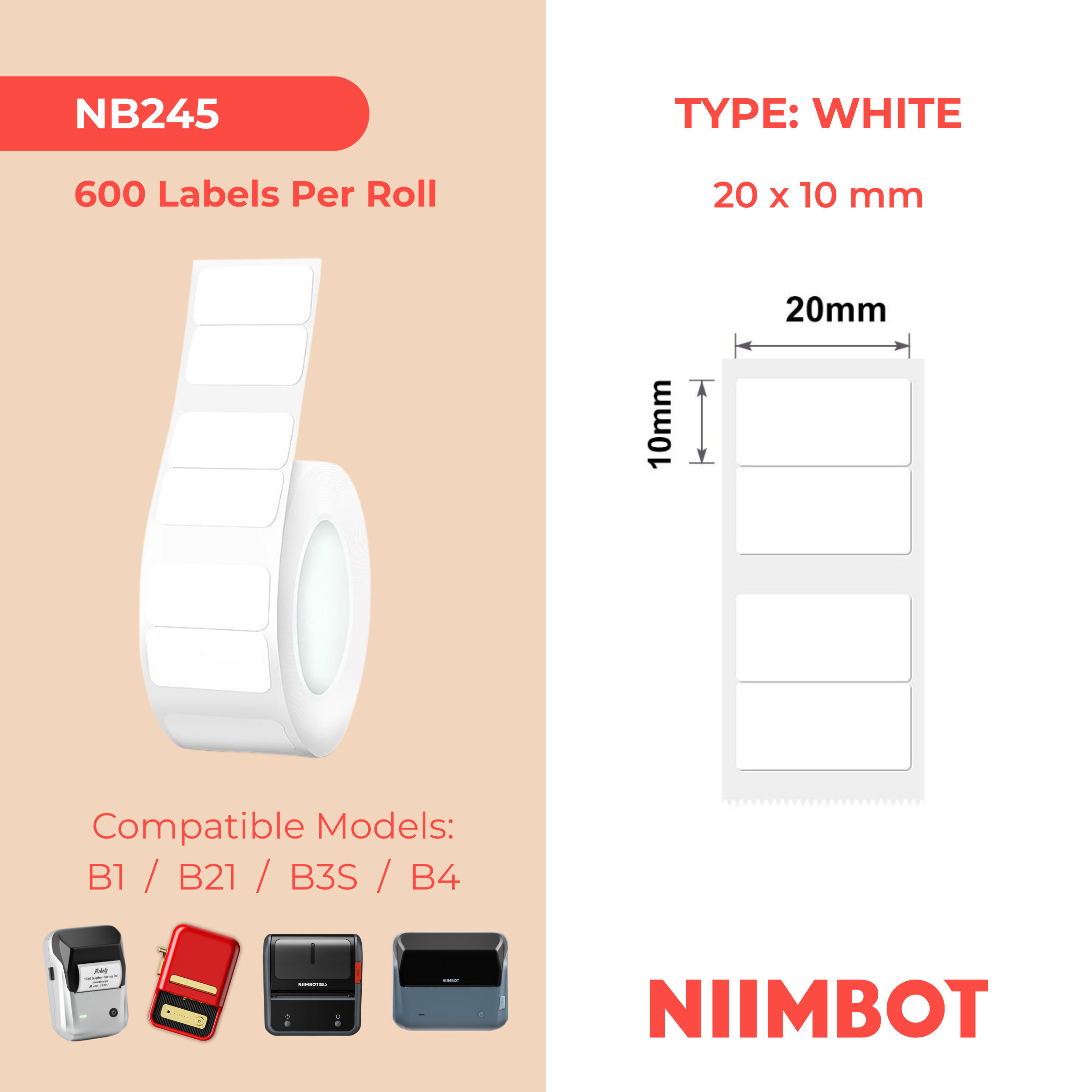 NB245 - NIIMBOT - B1 / B21 / B3S / B4 - 20X10MM/2R - 600 WHITE LABELS