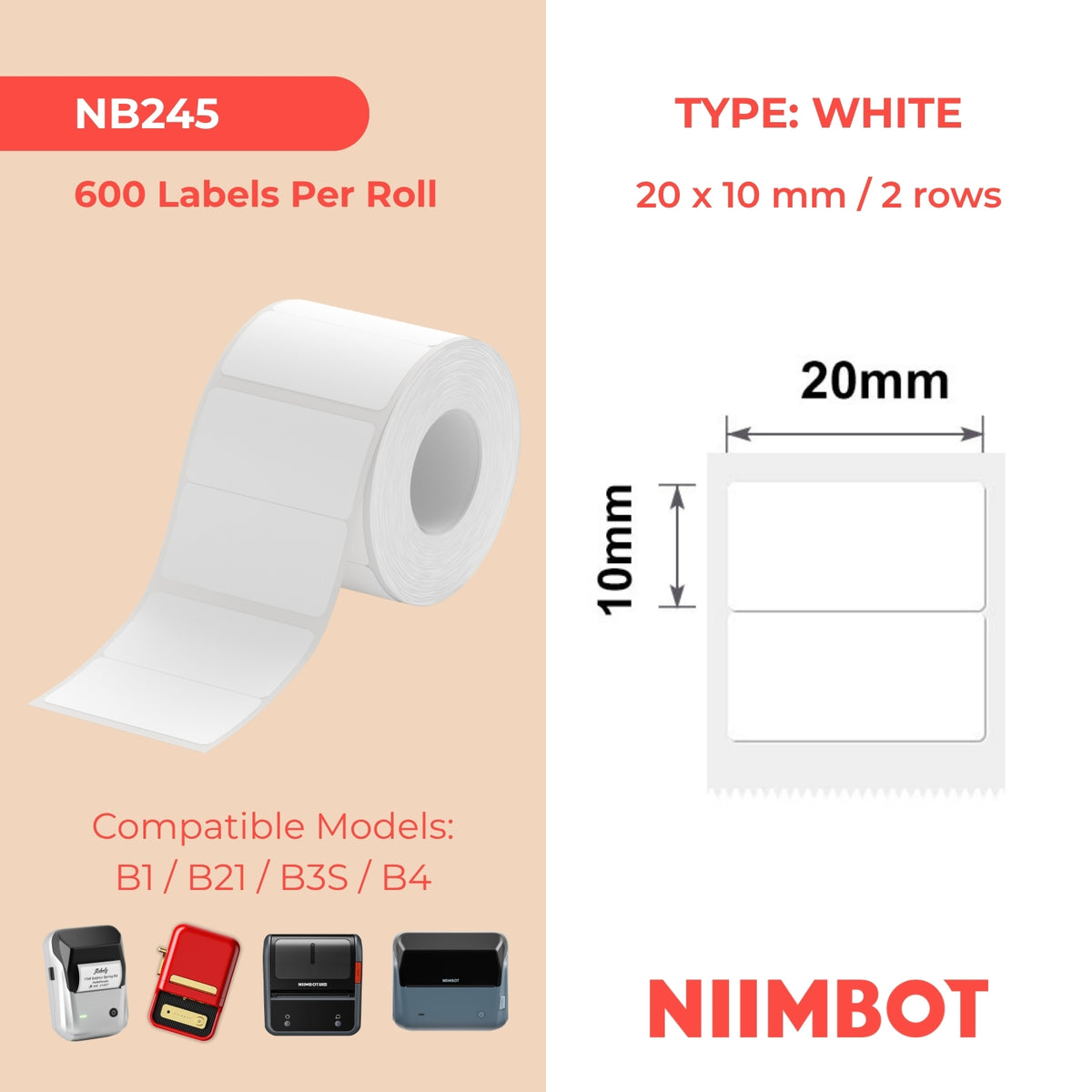 NIIMBOT - B Range - 20x10mm/2R - White - 600 Labels