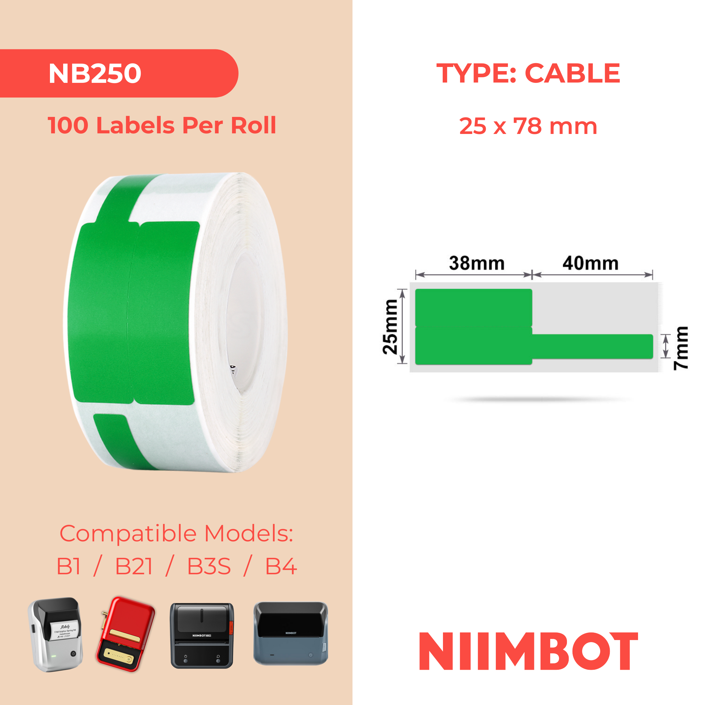 NB250 - NIIMBOT - B1 / B21 / B3S / B4 - 25X78MM - 100 GREEN CABLE LABELS