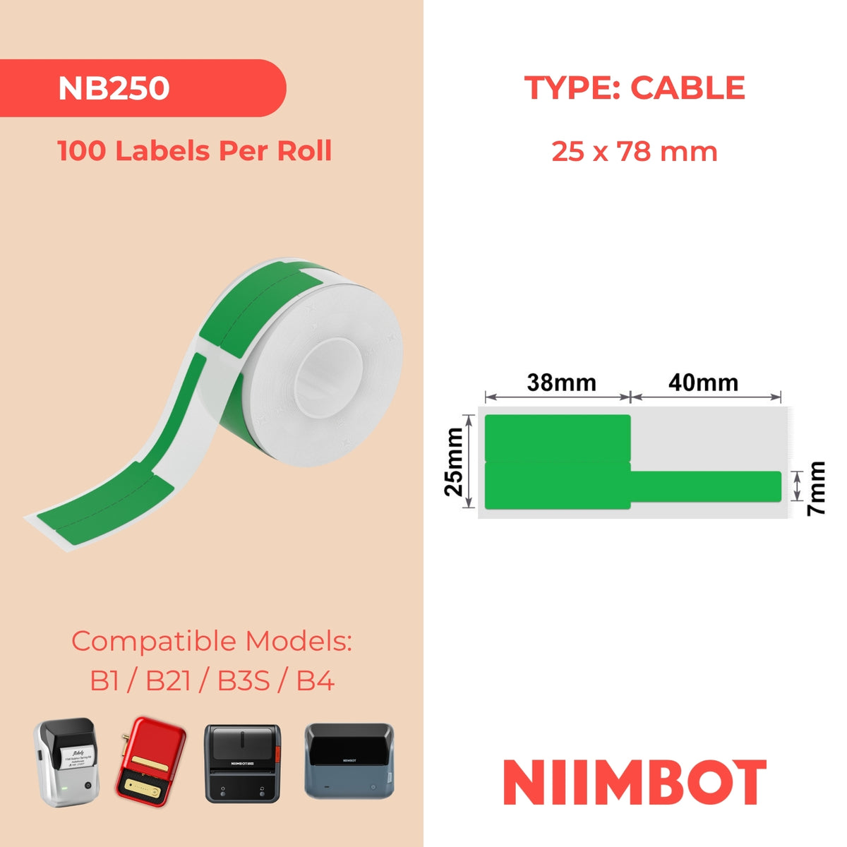 NIIMBOT - B Range - 25x78mm - Green Cable - 100 Labels