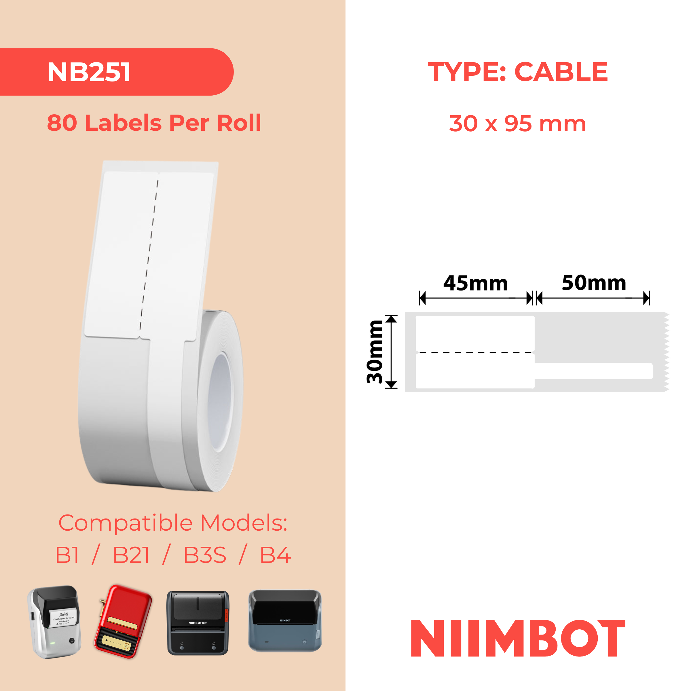 NB251 - NIIMBOT - B1 / B21 / B3S / B4 - 30X95MM - 80 WHITE CABLE LABELS