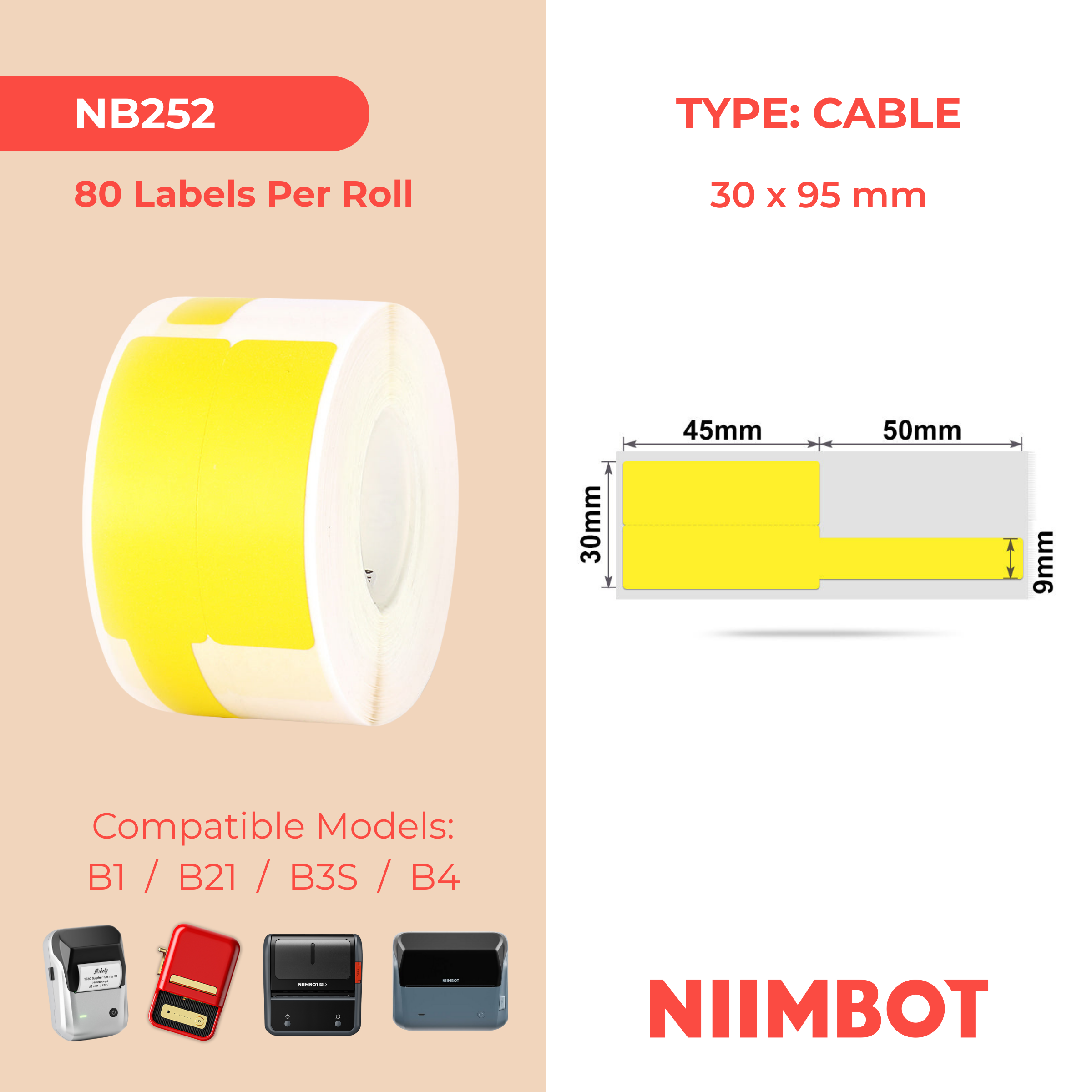 NB252 - NIIMBOT - B1 / B21 / B3S / B4 - 30X95MM - 100 YELLOW CABLE LABELS
