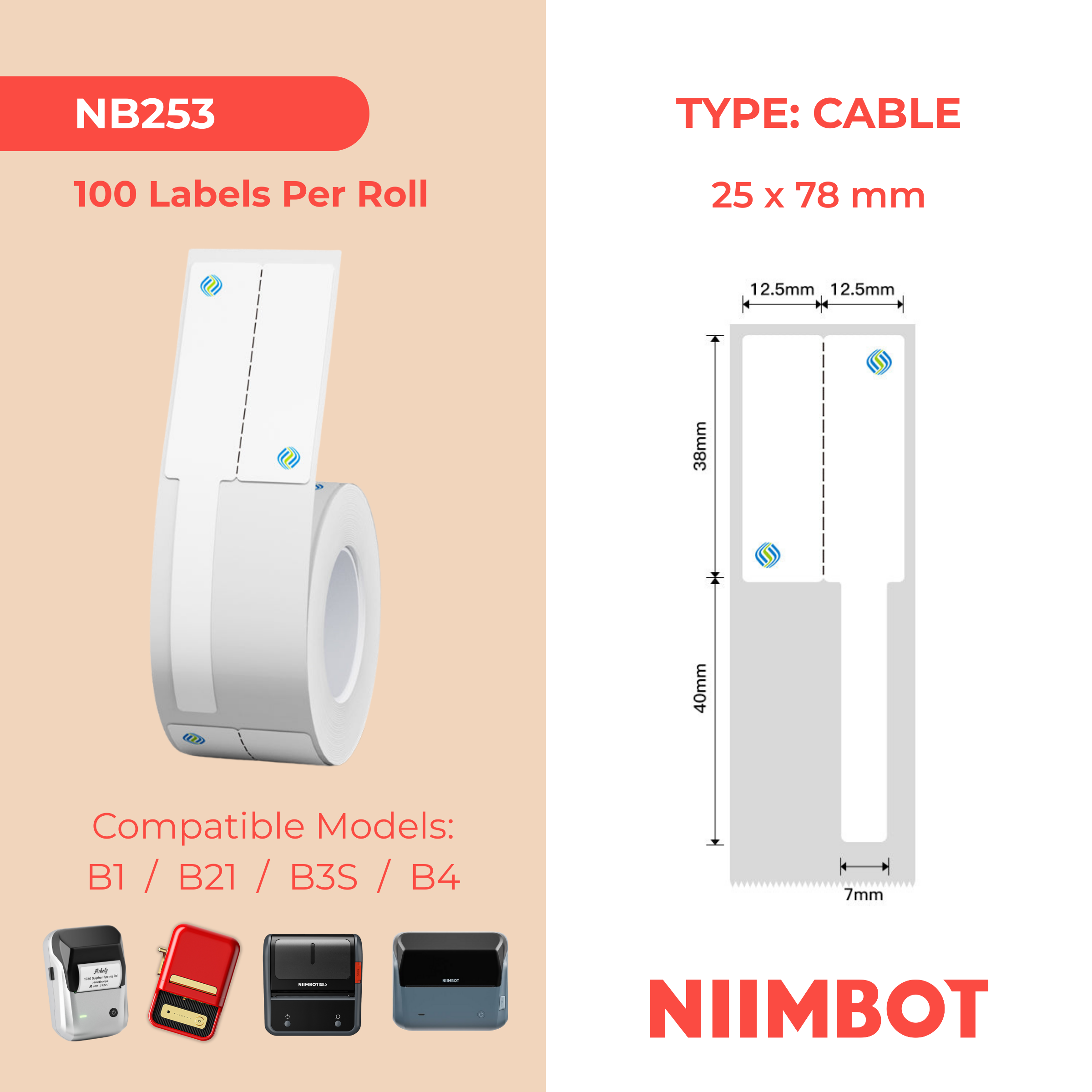 NB253 - NIIMBOT - B1 / B21 / B3S / B4 - 25X78MM - 100 WHITE CABLE LABELS