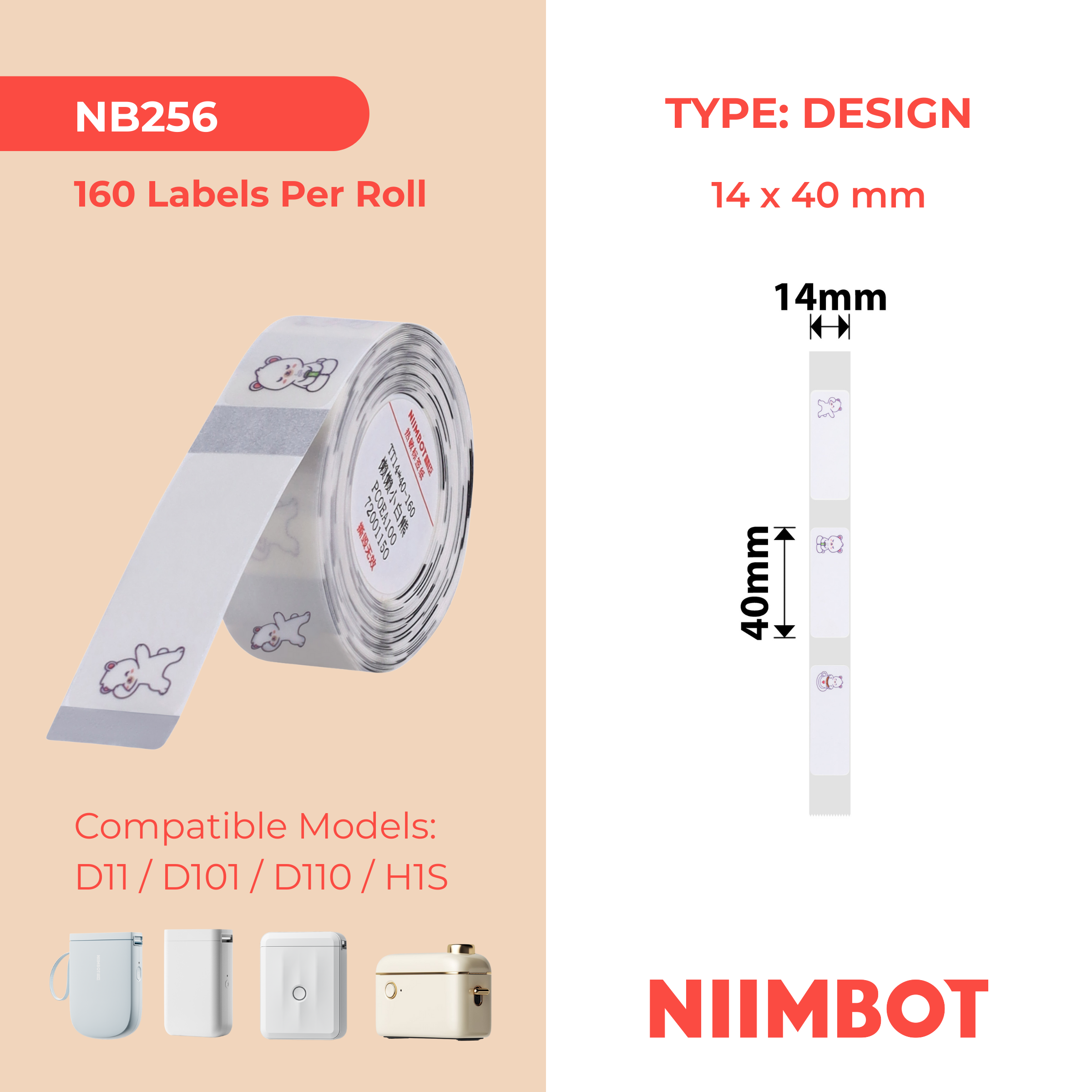 NB256 - NIIMBOT - D11 / D101 / D110 / H1S - 14X40MM - 160 LAZY BEAR LABELS
