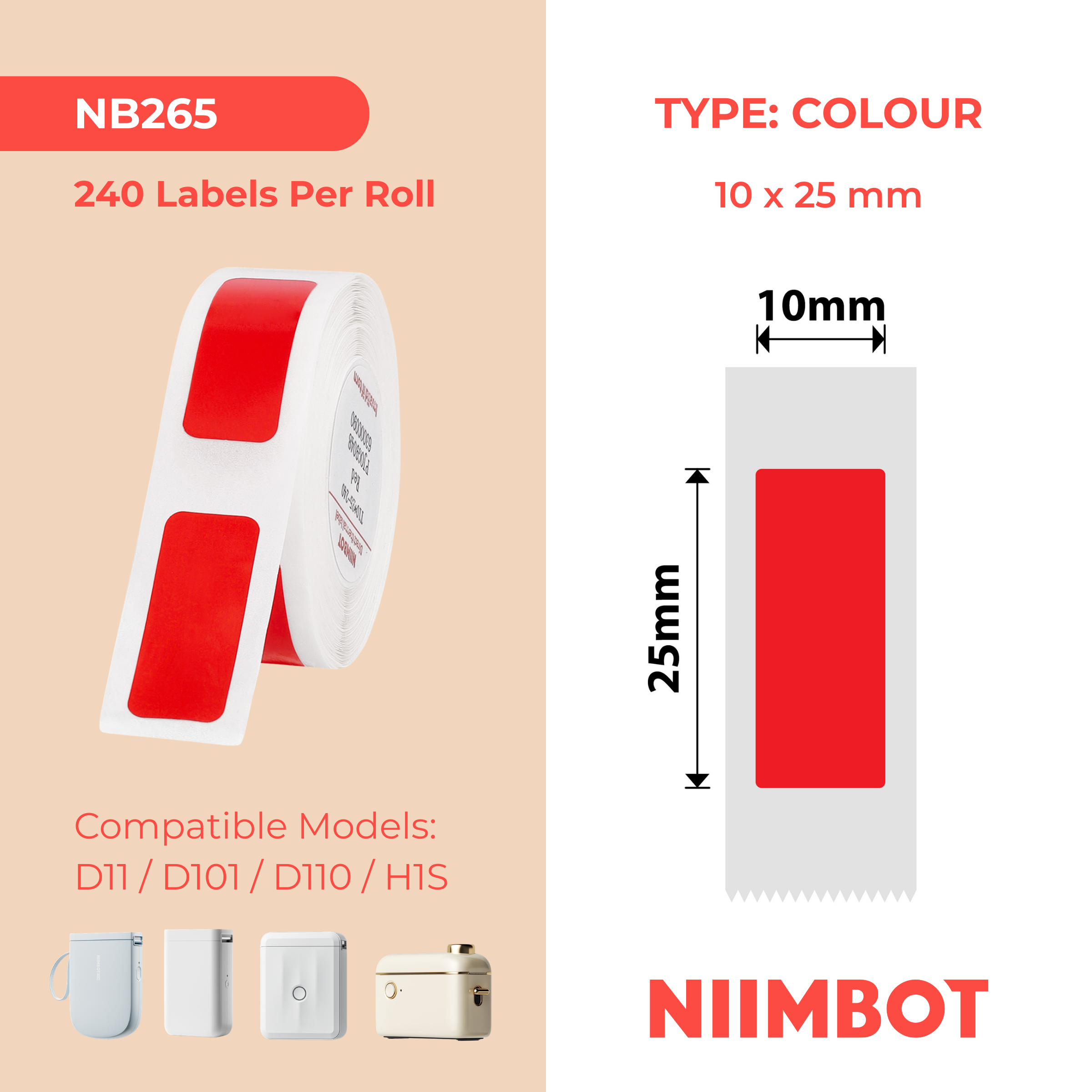 NB265 - NIIMBOT - D11 / D101 / D110 / H1S - 10X25MM - 225 RED LABELS