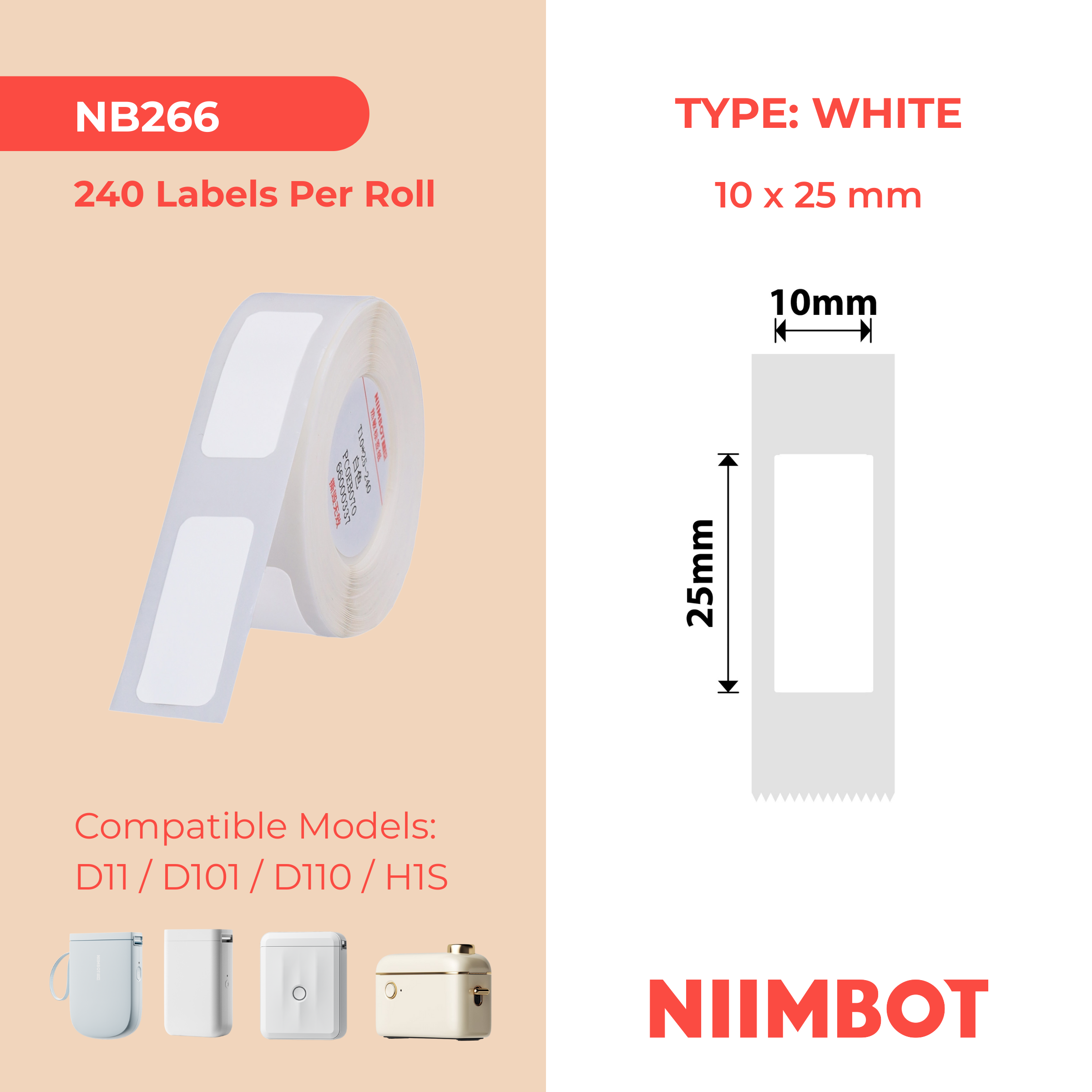 NB266 - NIIMBOT - D11 / D101 / D110 / H1S - 10X25MM - 240 WHITE LABELS