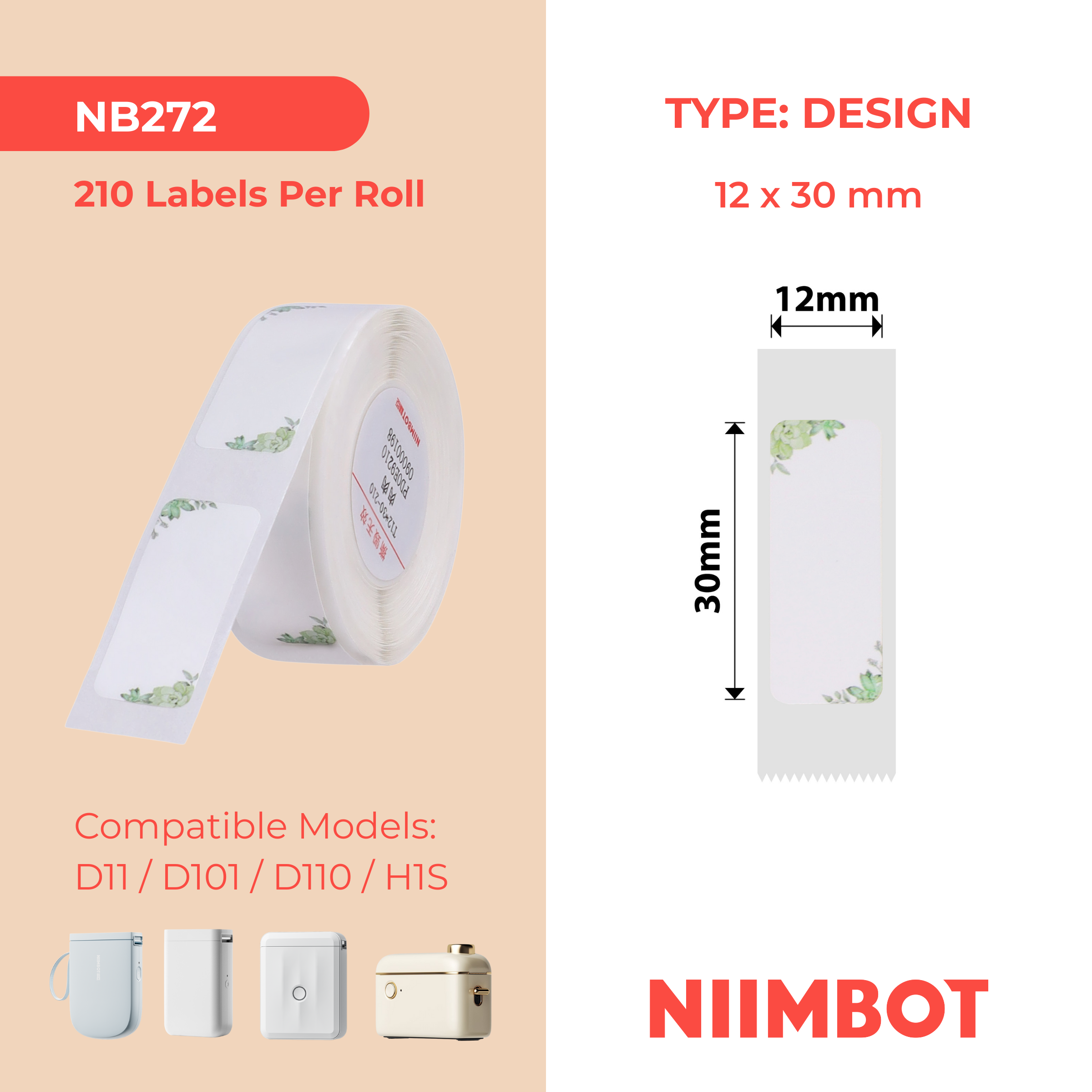 NB272 - NIIMBOT - D11 / D101 / D110 / H1S - 12X30MM - 210 GREEN LEAVES LABELS