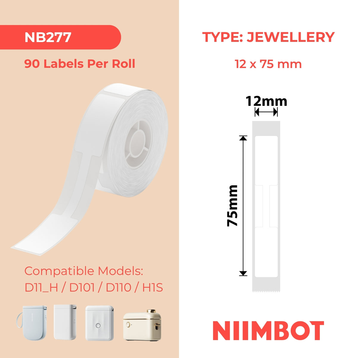 NIIMBOT-Gamme D-12 x 75 mm-Bijouterie blanche-90 étiquettes
