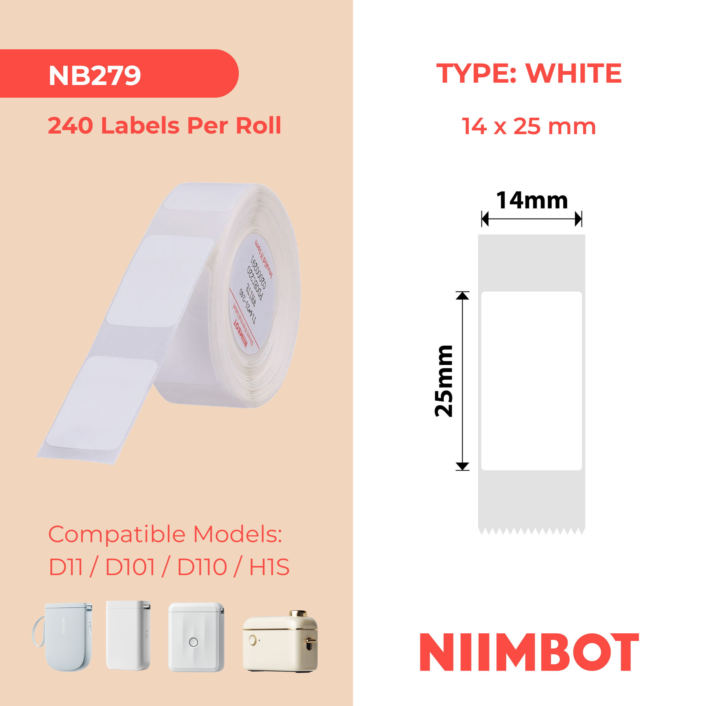 NB279 - NIIMBOT - D11 / D101 / D110 / H1S - 14X25MM - 240 WHITE LABELS