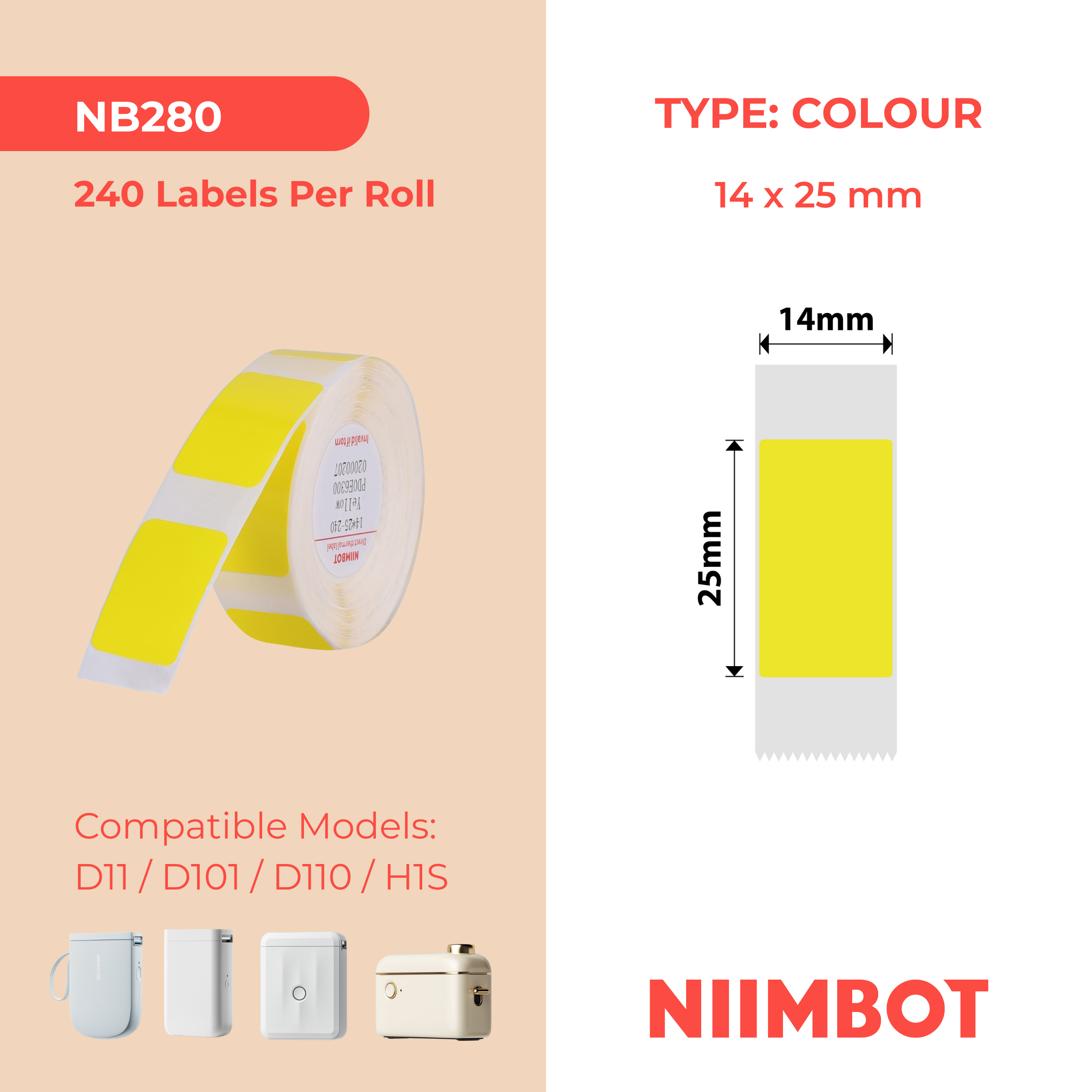 NB280 - NIIMBOT - D11 / D101 / D110 / H1S - 14X25MM - 240 YELLOW LABELS