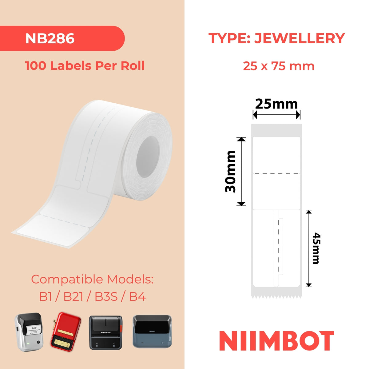 NIIMBOT - B Range - 25x75mm - White Jewellery - 100 Labels