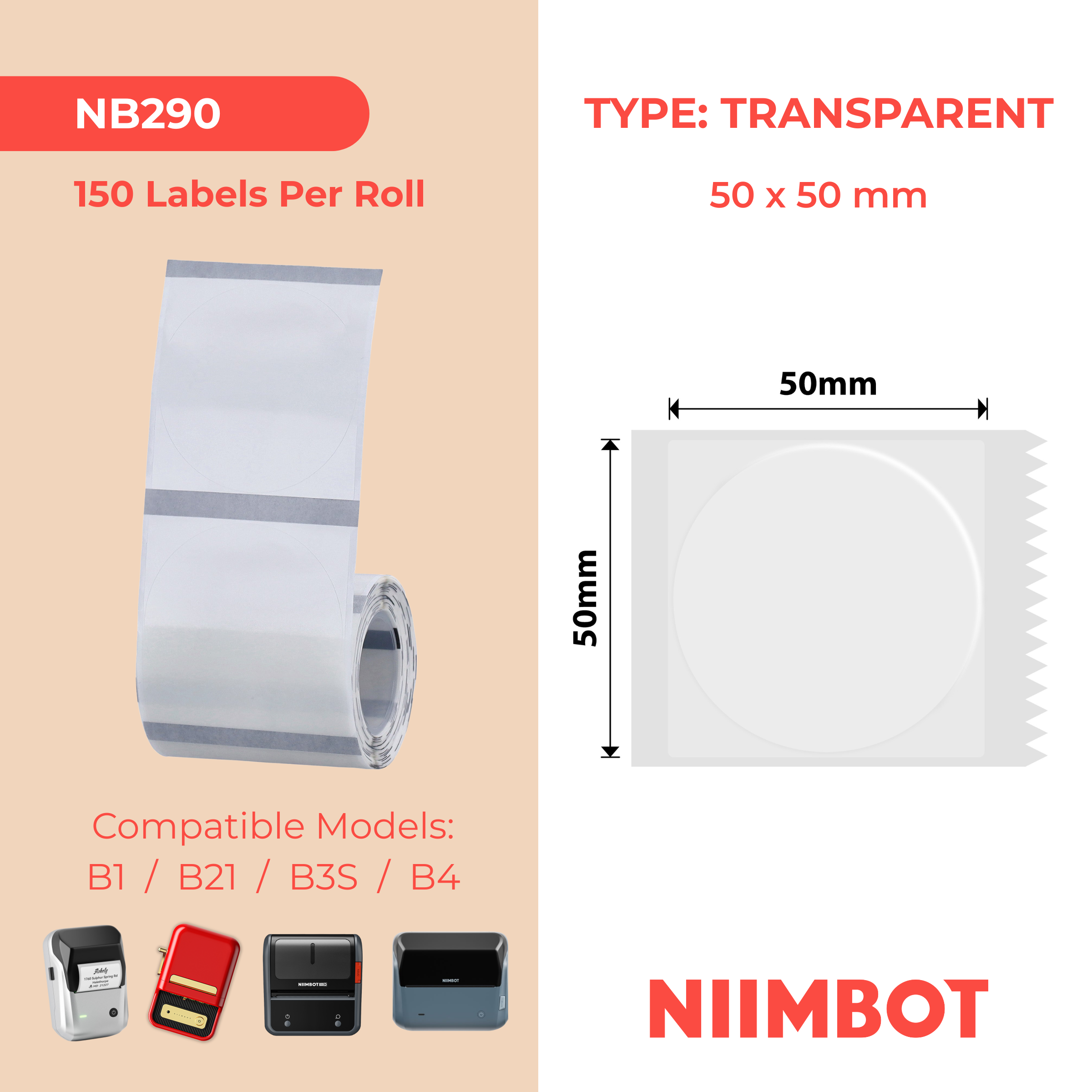 NB290 - NIIMBOT - B1 / B21 / B3S / B4 - 50X50MM - 150 TRANSPARENT ROUND LABELS