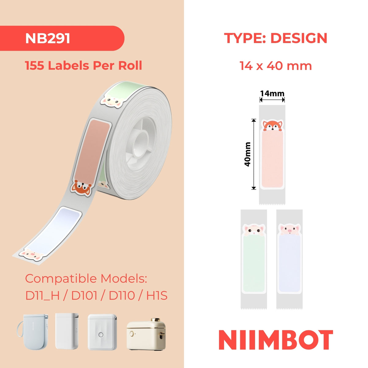 NIIMBOT-Gamme D-14x40mm-Animaux endormis-155 étiquettes