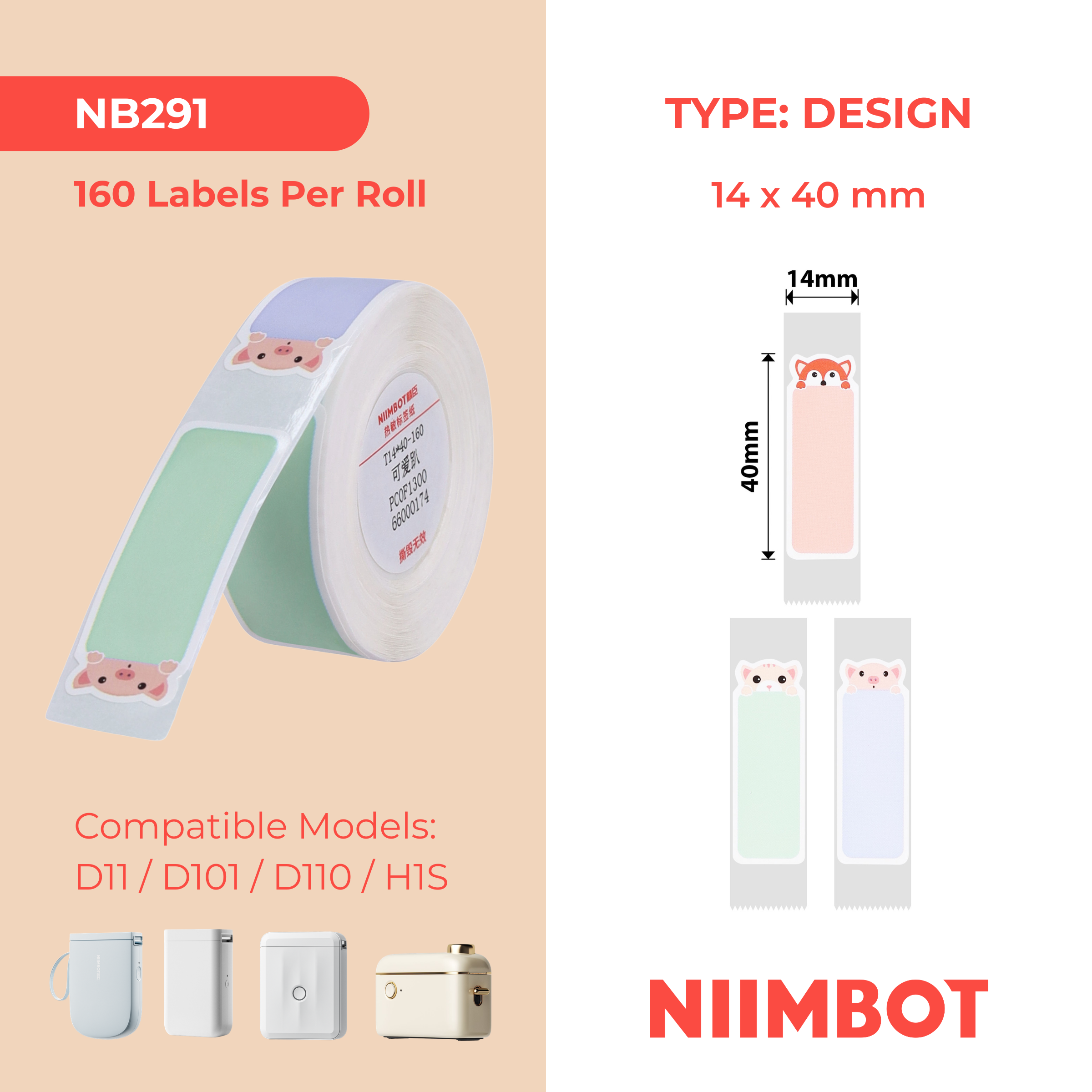 NB291 - NIIMBOT - D11 / D101 / D110 / H1S - 14X40MM - 155 SLEEPY ANIMALS LABELS