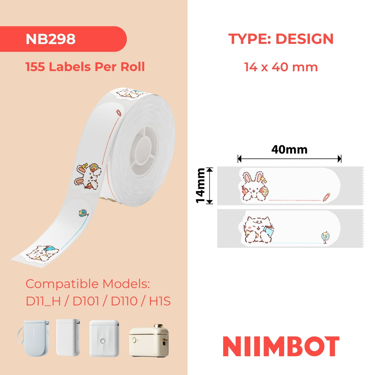 NIIMBOT - Gamma D - 14x40mm - Coniglio Scolastico - 155 Etichette