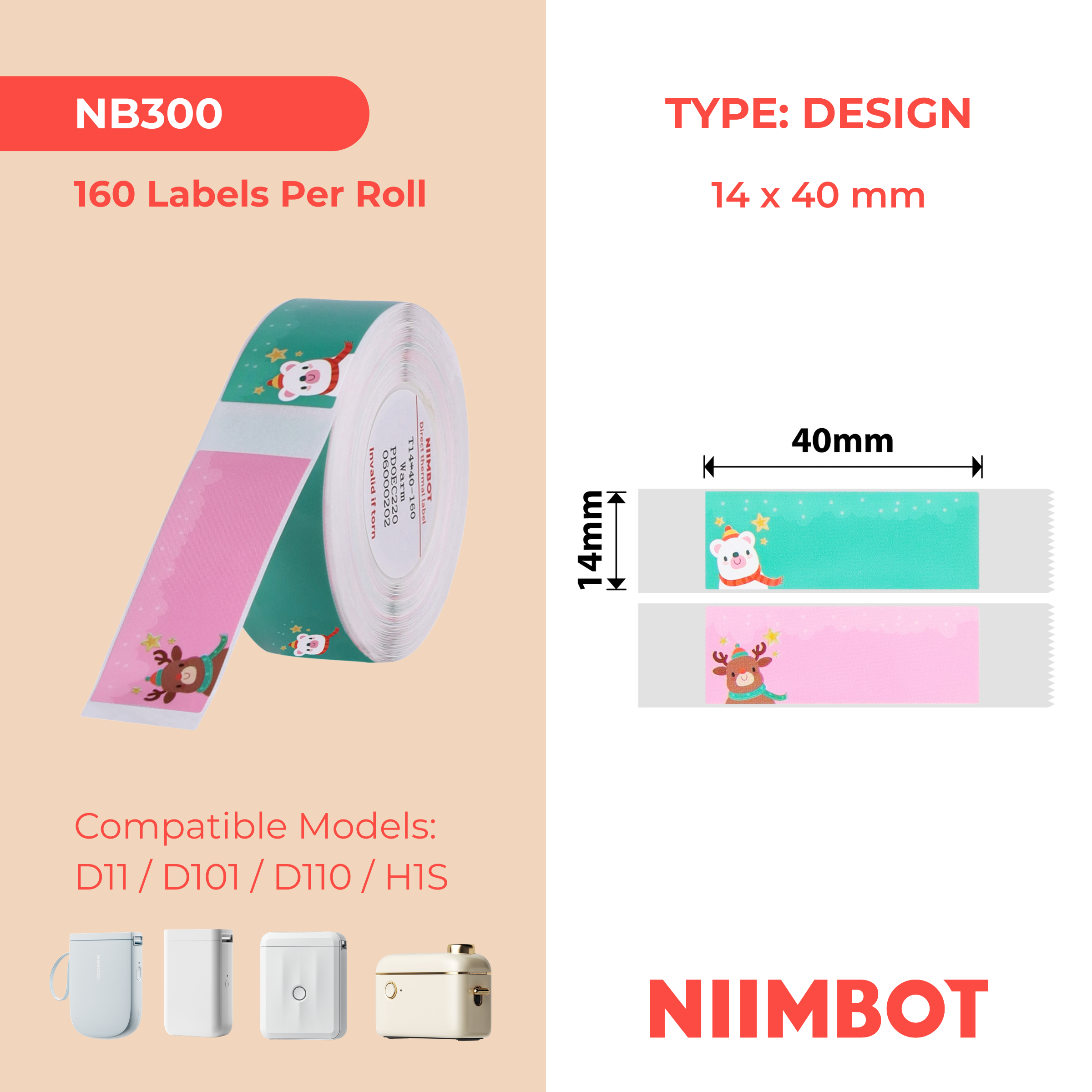 NB300 - NIIMBOT - D11 / D101 / D110 / H1S - 14X40MM - 155 WARM CHRISTMAS LABELS
