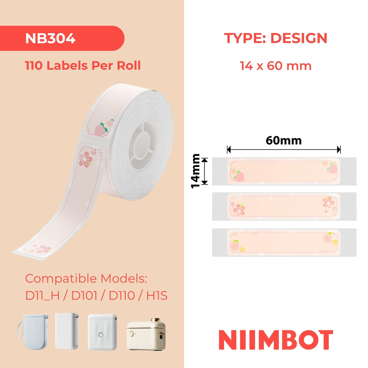 NIIMBOT - D Range - 14x60mm - Cherry Pink - 110 Labels