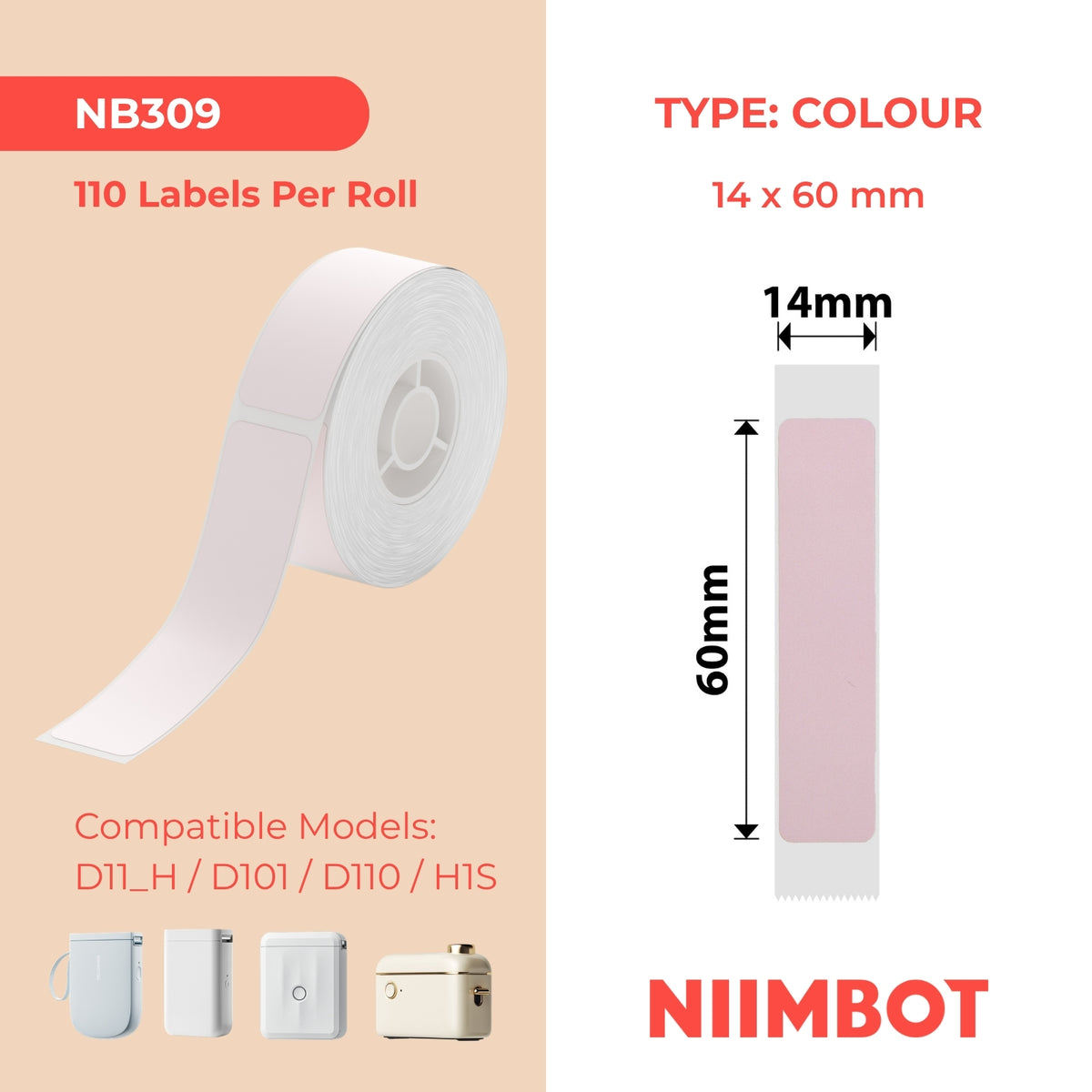 NIIMBOT - D Range - 14x60mm - Pink - 110 Labels